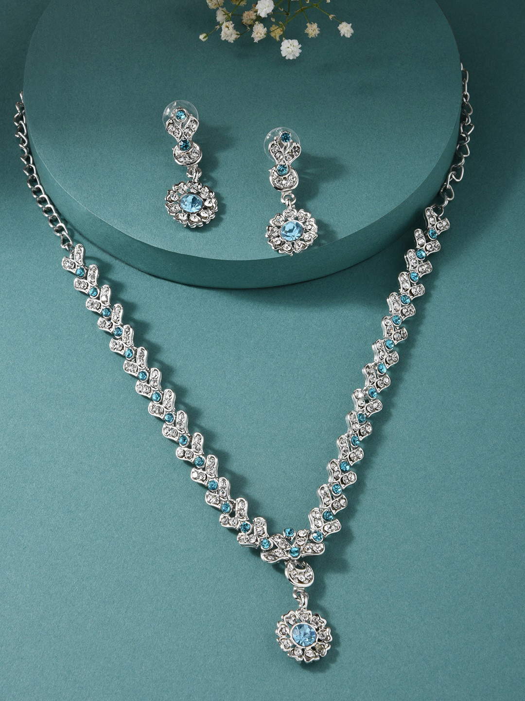 

ToniQ Women Silver-Plated Turquoise Blue & White American Diamond Studded Jewellery Set