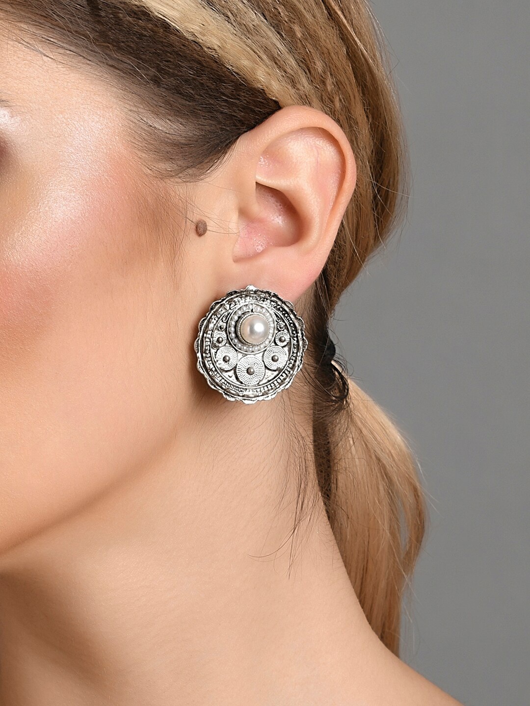 

ToniQ White & Silver-Plated Oxidized Pearl Studs Earrings