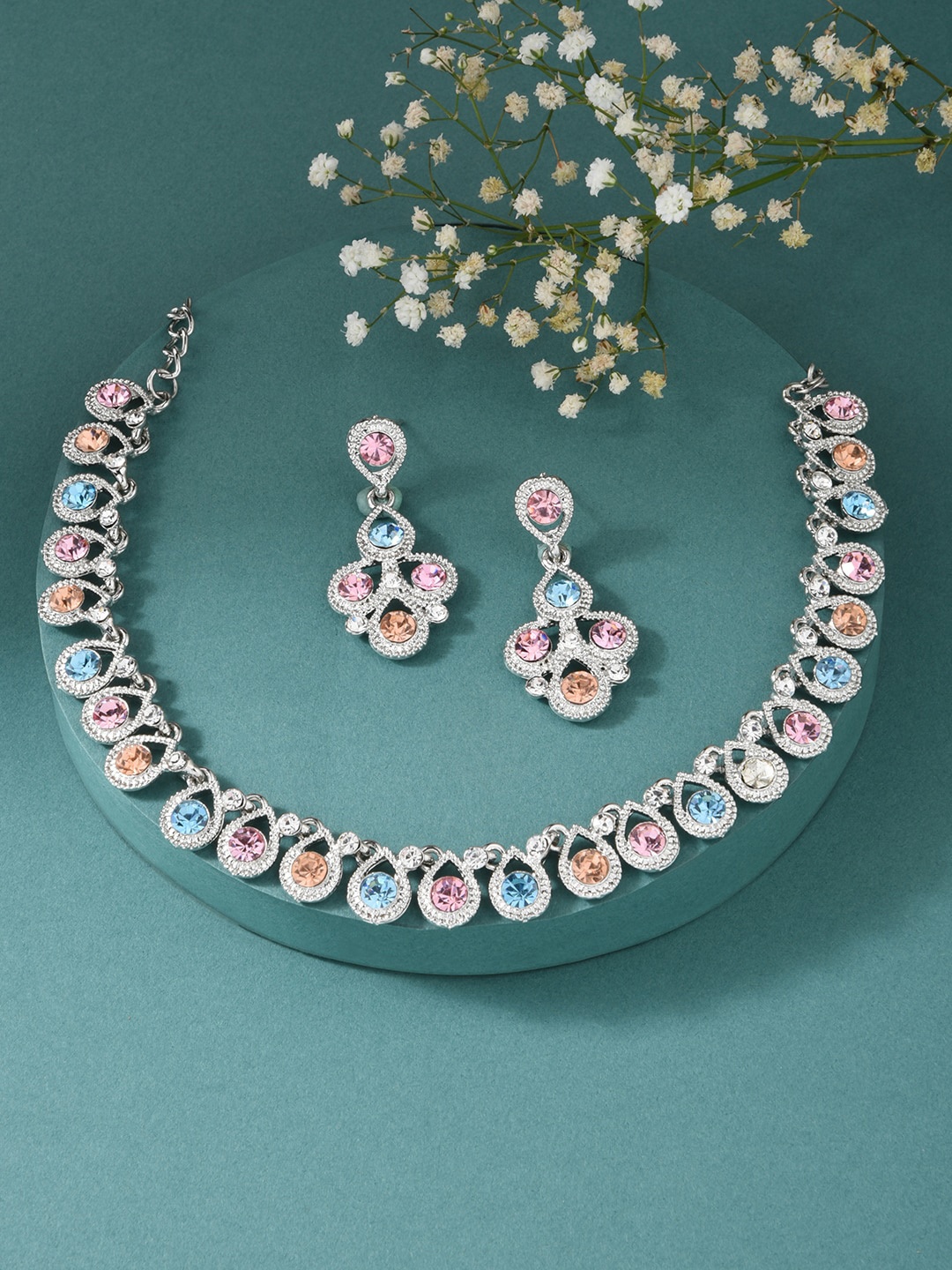 

ToniQ Silver-Plated Pink & Blue AD-Studded Jewellery Set