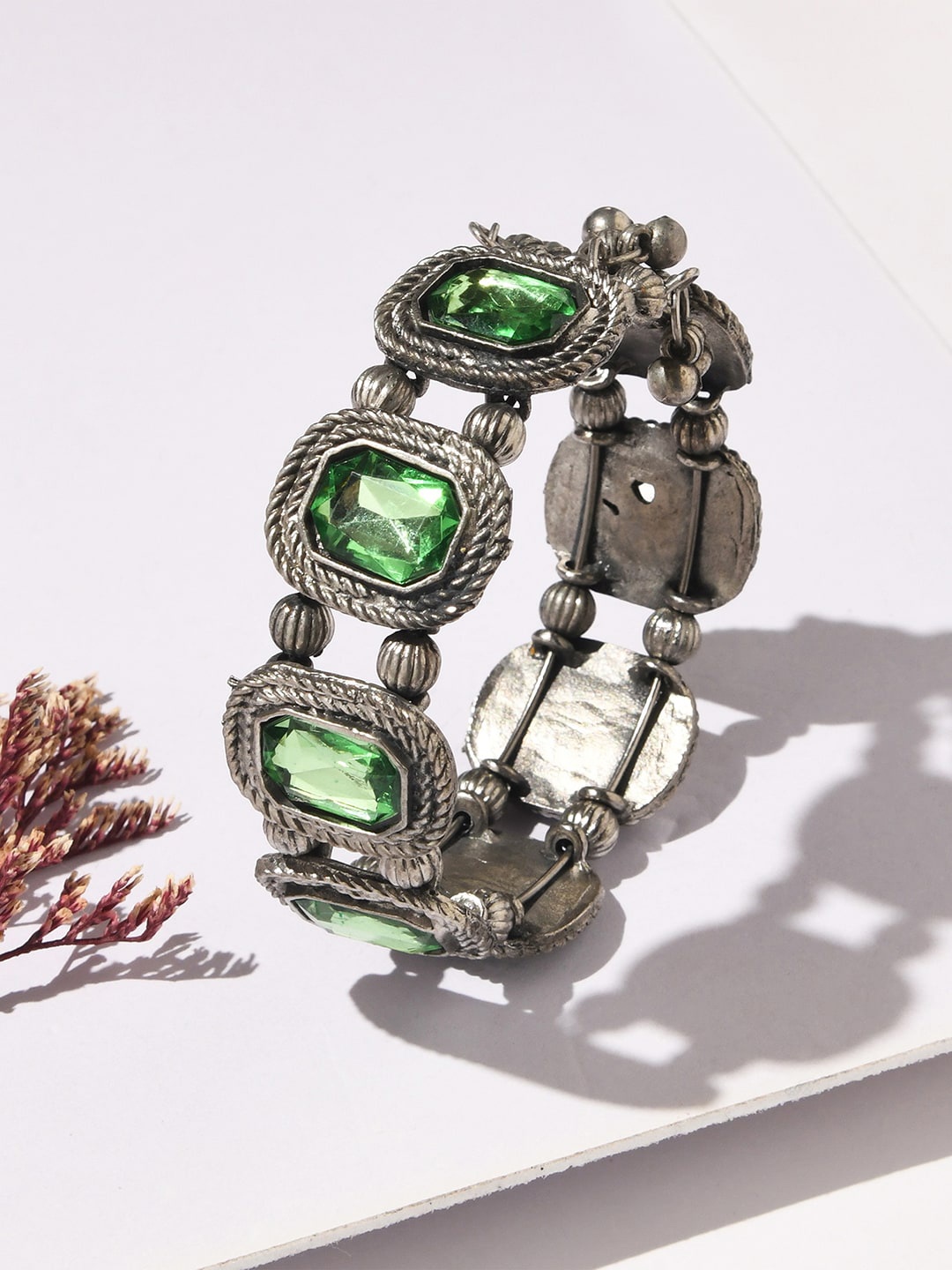 

ToniQ Women Green & Silver-Toned Silver-Plated Bangle-Style Bracelet