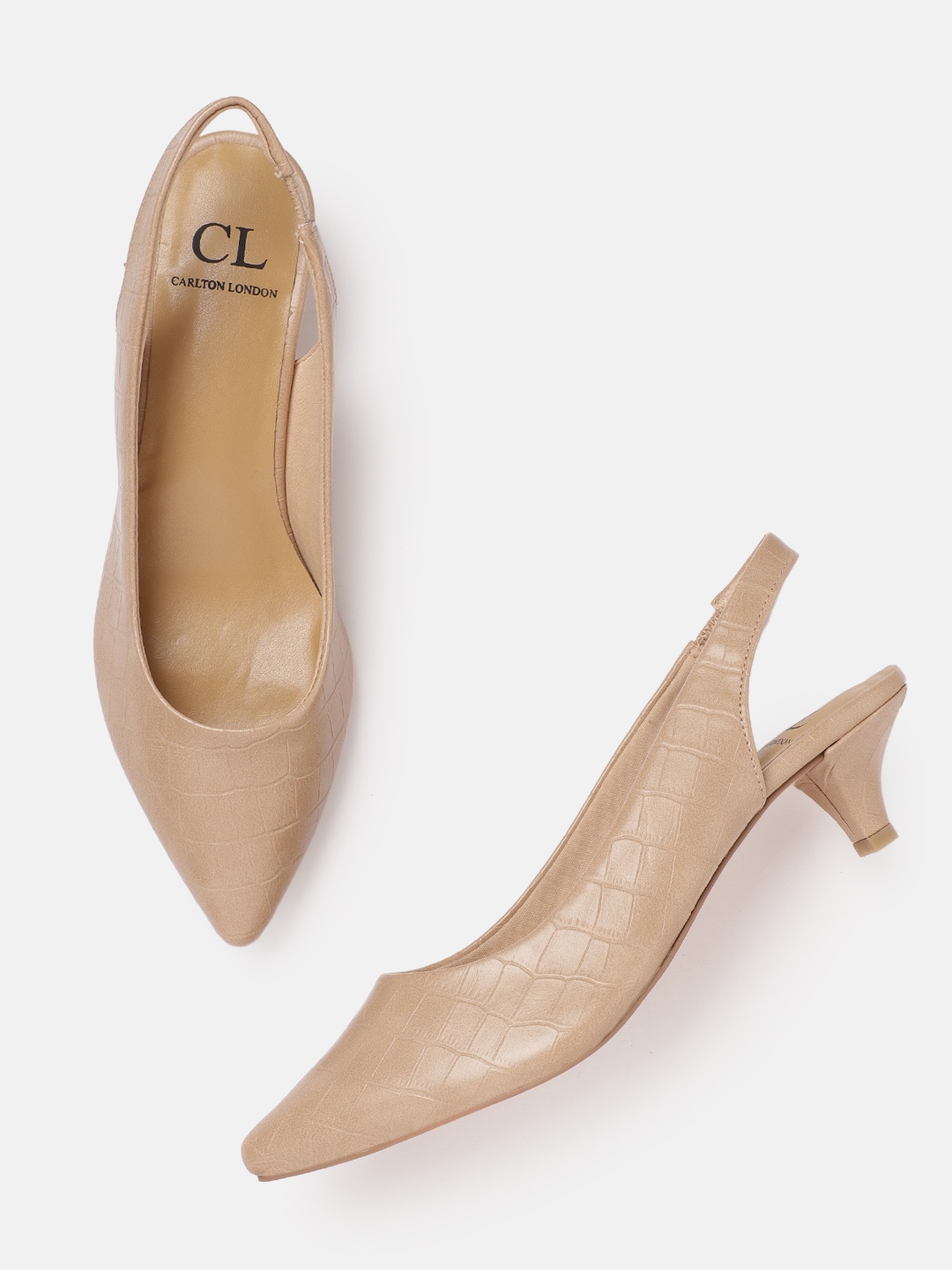 

Carlton London Women Beige Textured Kitten Heel Mules