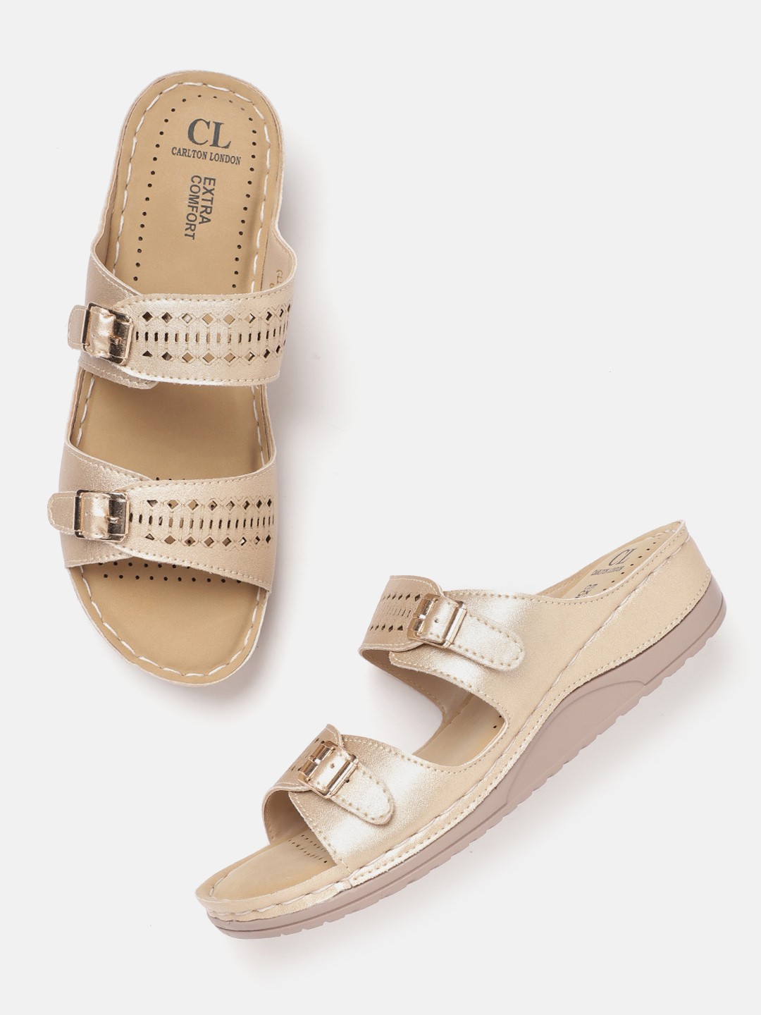 

Carlton London Women Golden Solid Flatform Heel Sandals with Laser Cut Detail, Gold