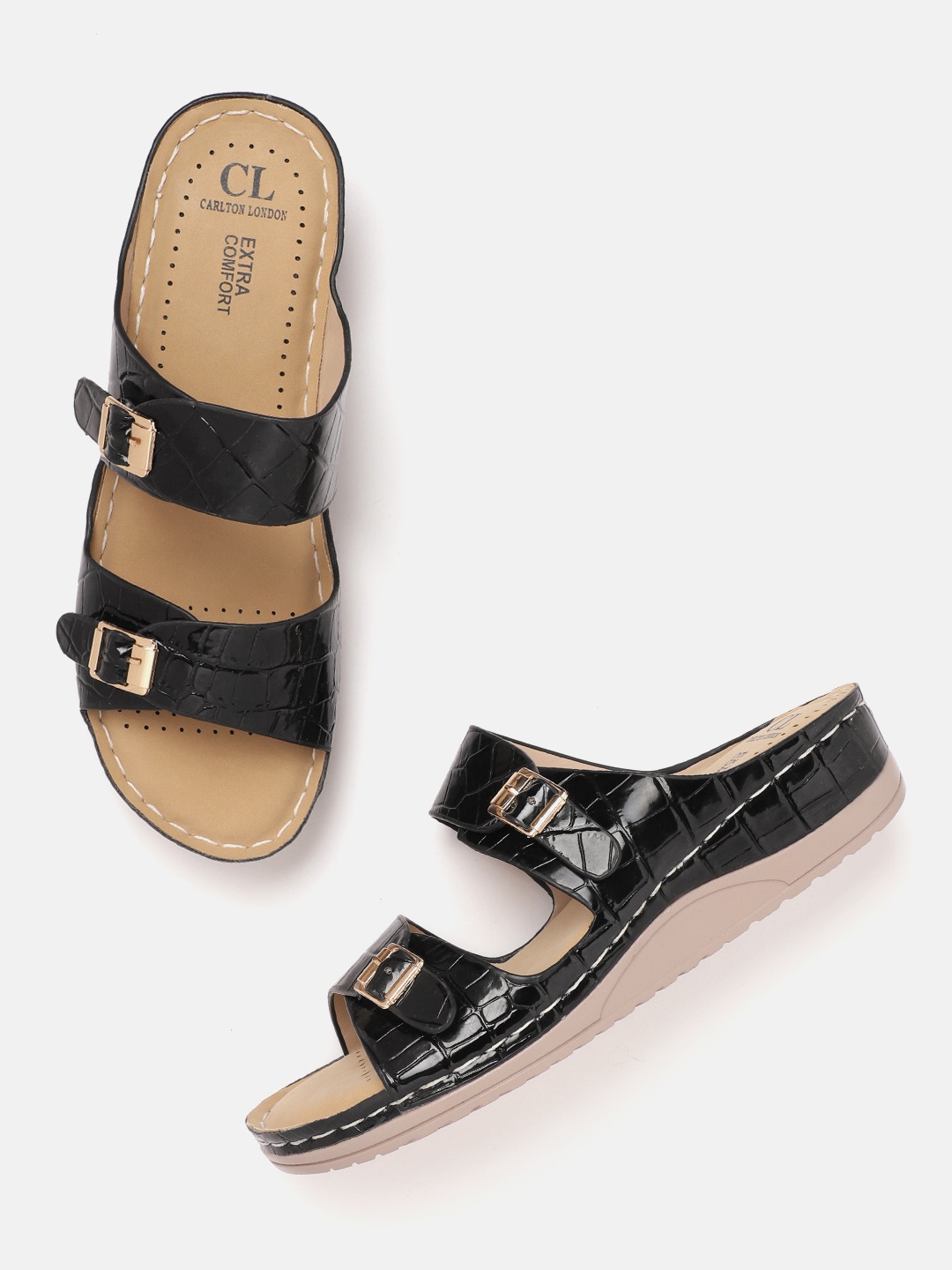 

Carlton London Women Black Textured Flatform Heel Sandals with buckle detail