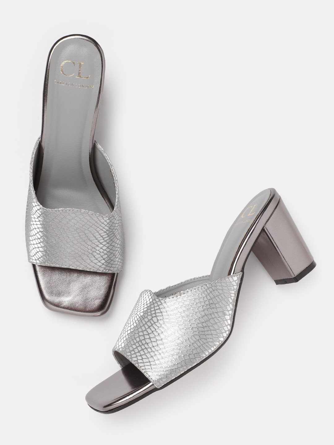 

Carlton London Women Silver Textured Party Block Heel Sandals