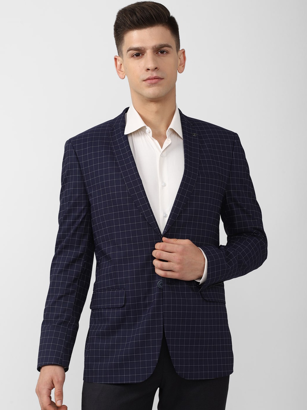 

Van Heusen Men Navy Blue Checked Slim-Fit Single Breasted Formal Blazer