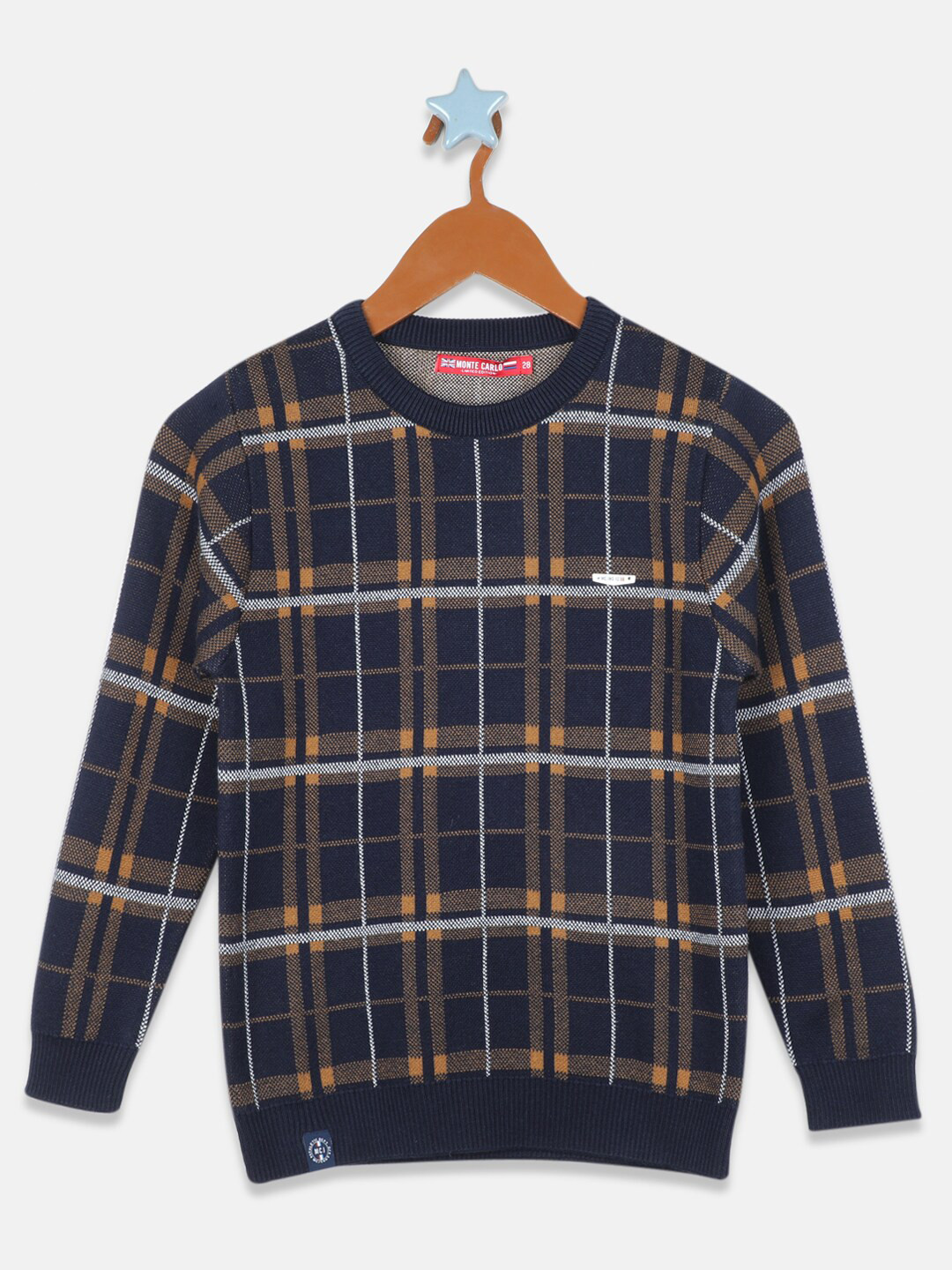 

Monte Carlo Boys Navy Blue & Yellow Checked Pure Cotton Pullover