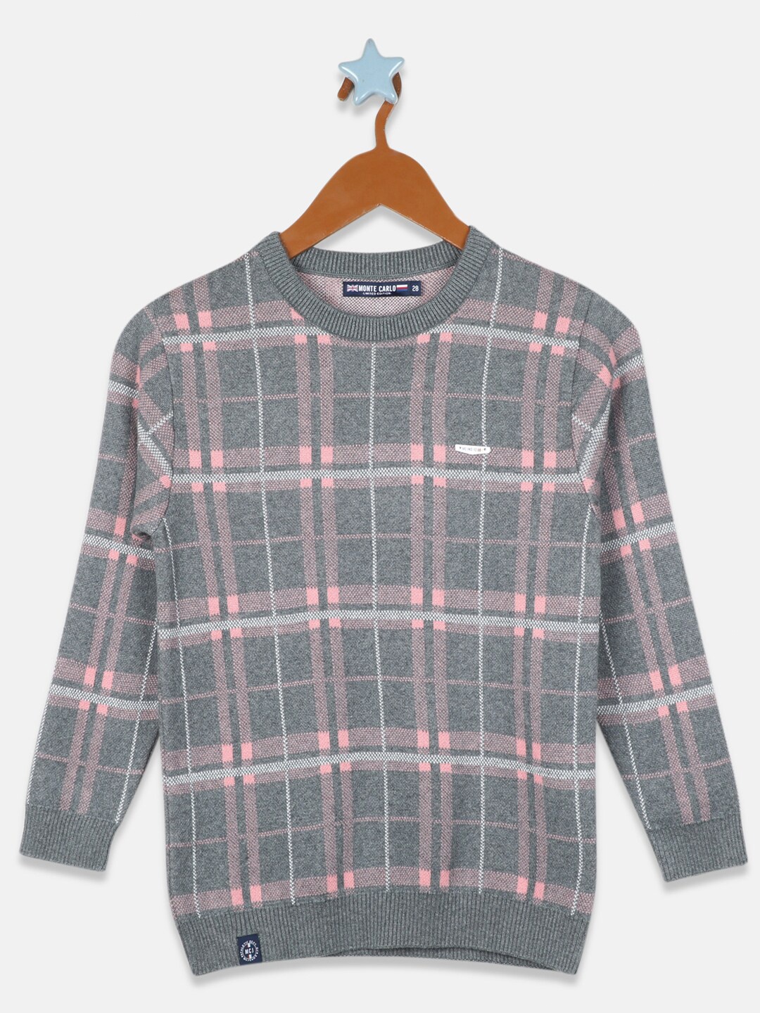 

Monte Carlo Boys Grey & Pink Checked Pure Cotton Pullover