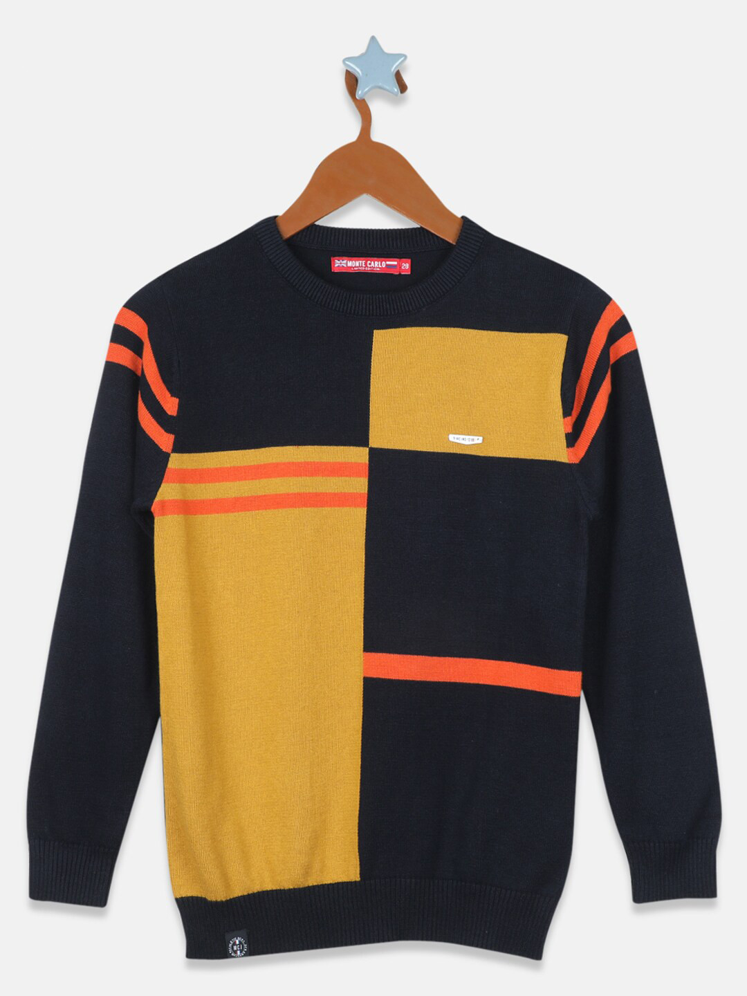 

Monte Carlo Boys Navy Blue & Yellow Colourblocked Pure Cotton Pullover