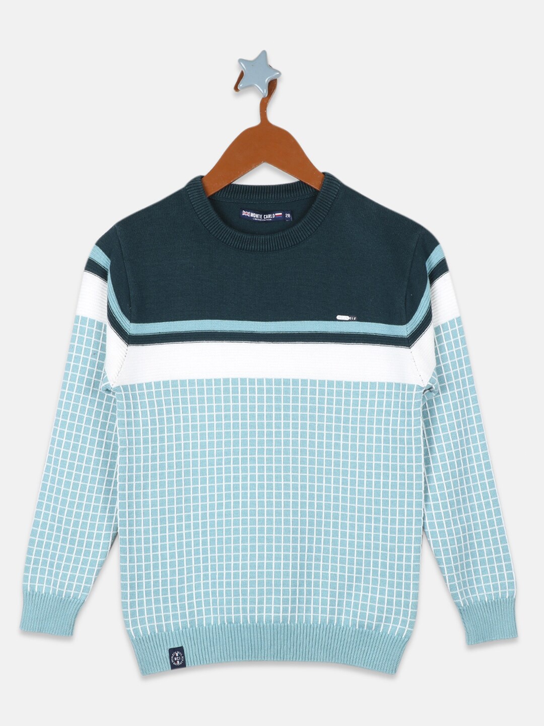 

Monte Carlo Boys Teal Blue & White Checked Pure Cotton Pullover