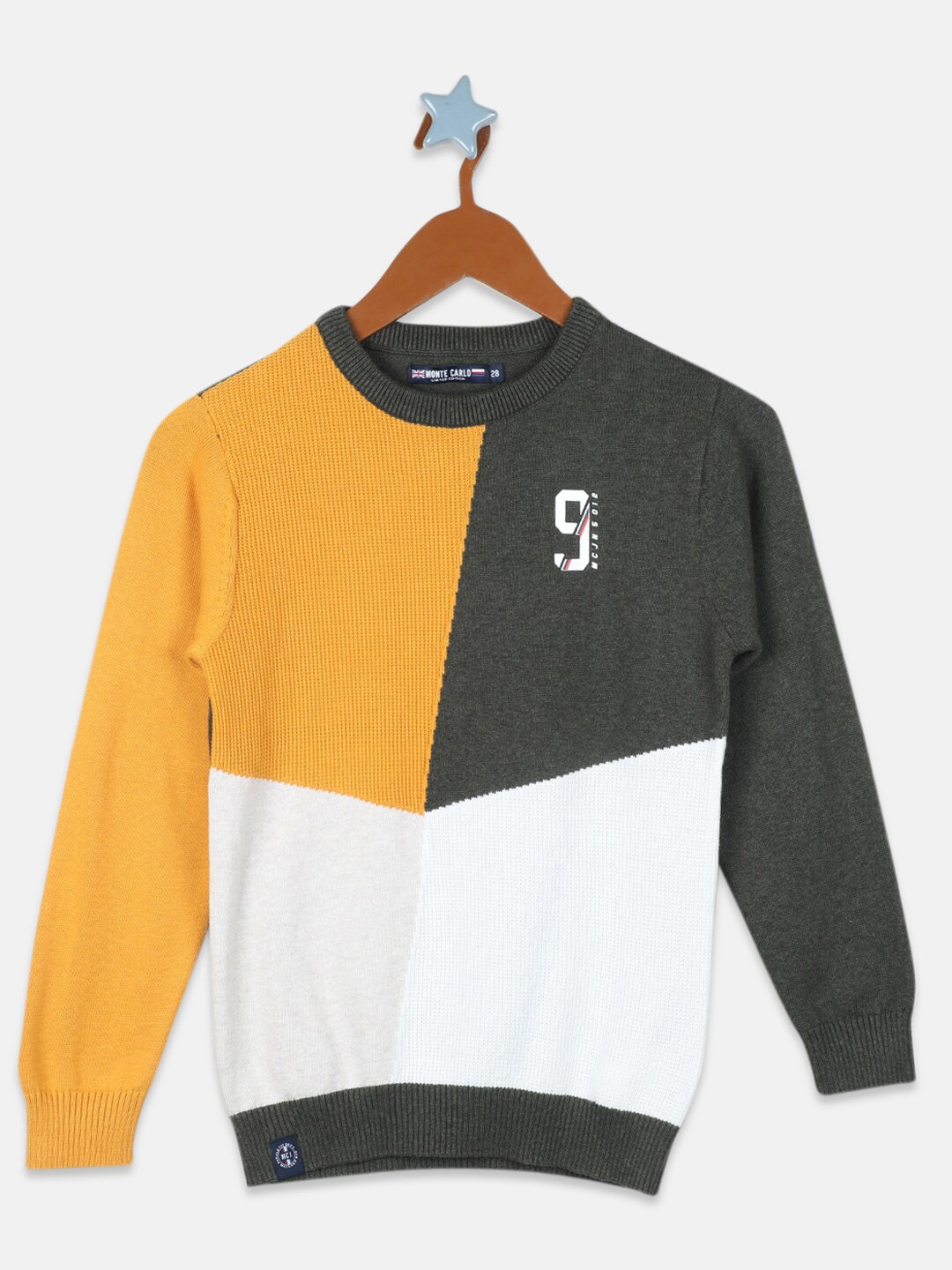 

Monte Carlo Boys Olive Green & Yellow Colourblocked Pure Cotton Pullover
