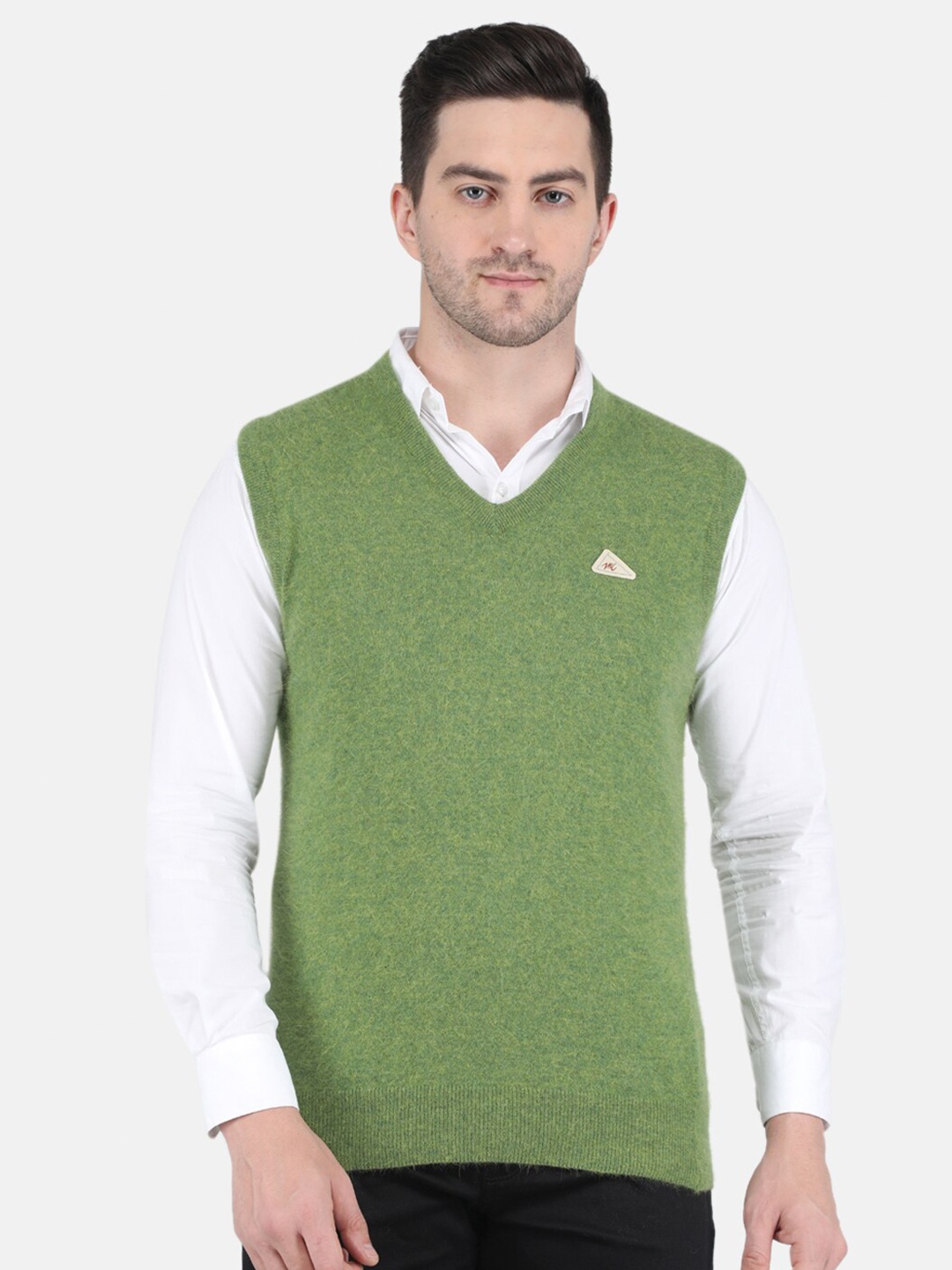 

Monte Carlo Men Olive Green Solid Woolen Sweater Vest