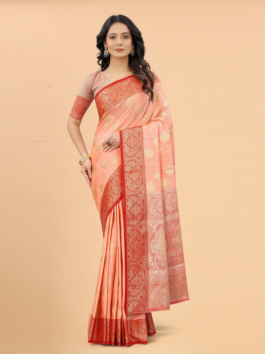 

VSaree Orange & Gold-Toned Ethnic Motifs Zari Saree