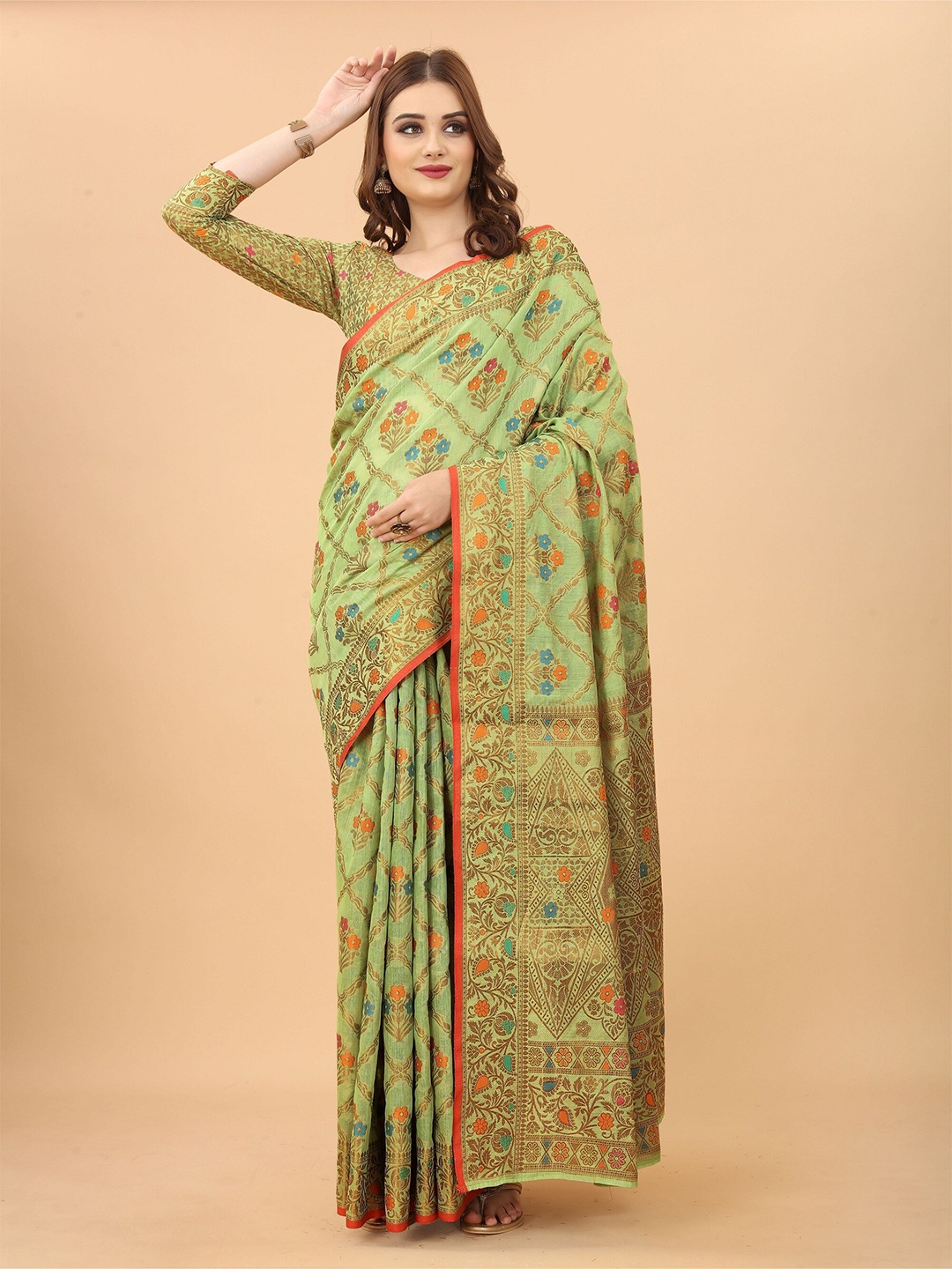 

VSaree Lime Green & Orange Floral Zari Saree