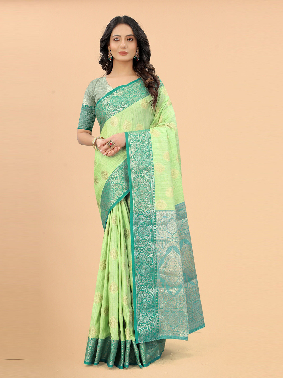 

VSaree Lime Green & Gold-Toned Ethnic Motifs Zari Saree