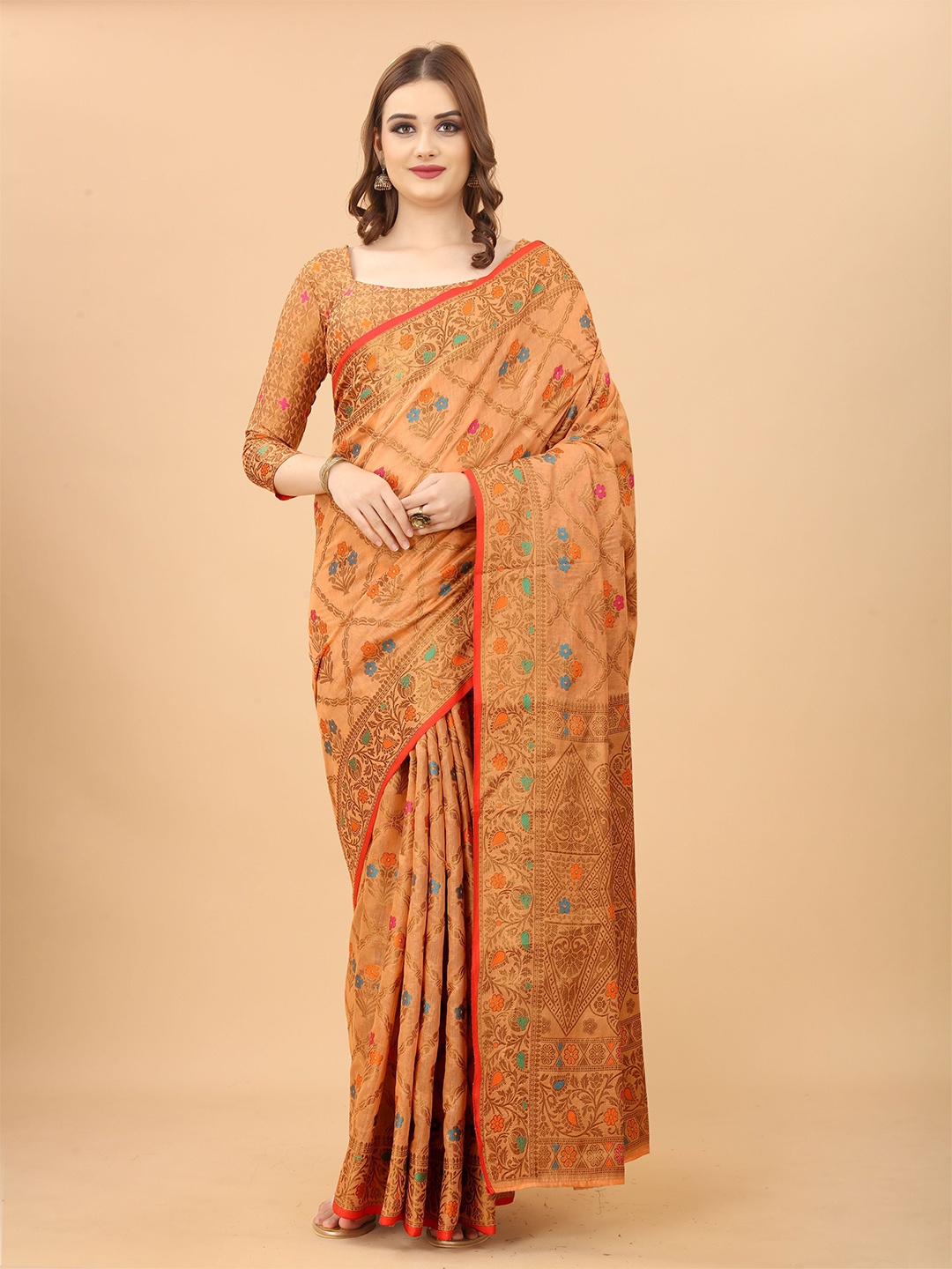 

VSaree Orange & Gold-Toned Ethnic Motifs Zari Saree