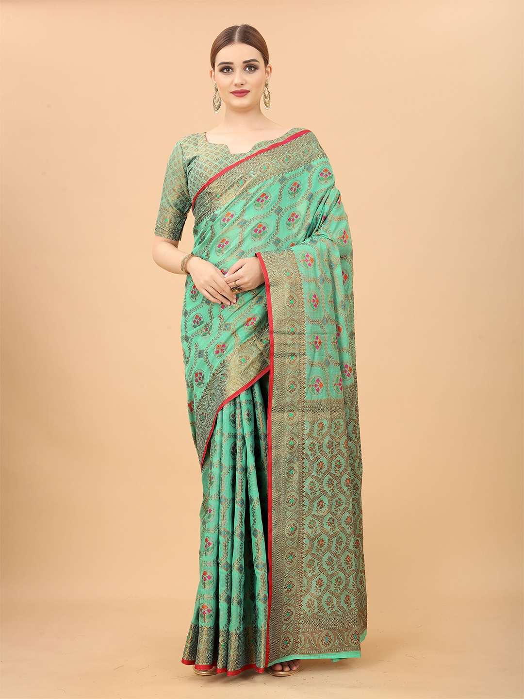 

VSaree Green & Red Floral Zari Saree