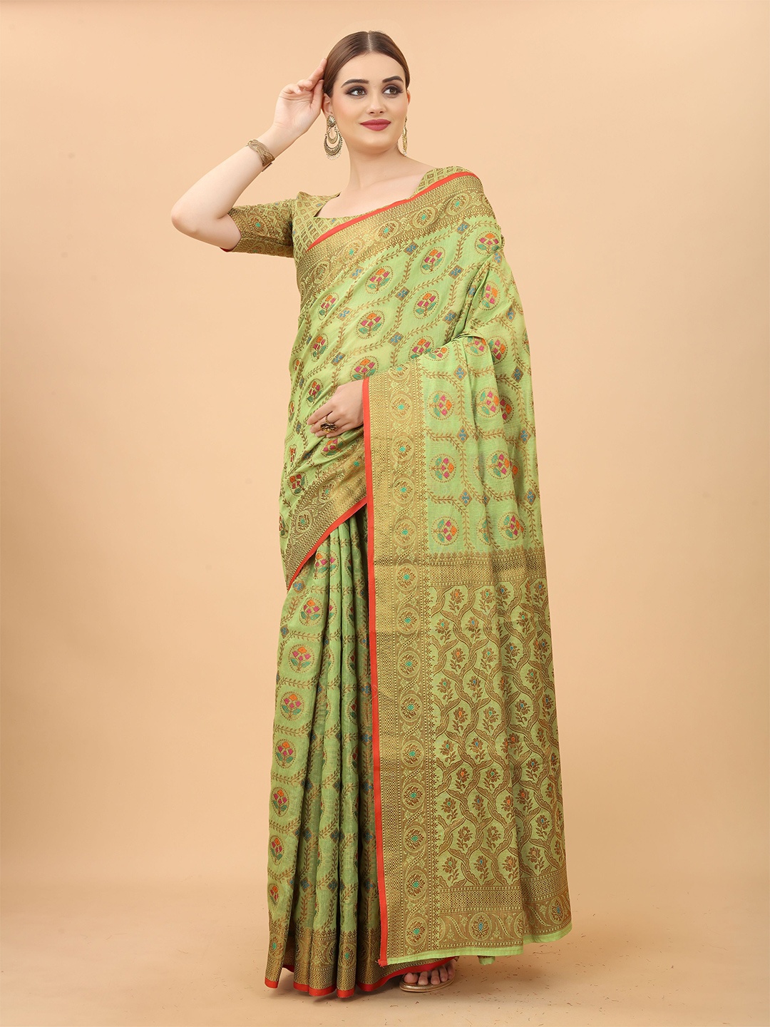 

VSaree Lime Green & Red Floral Zari Saree