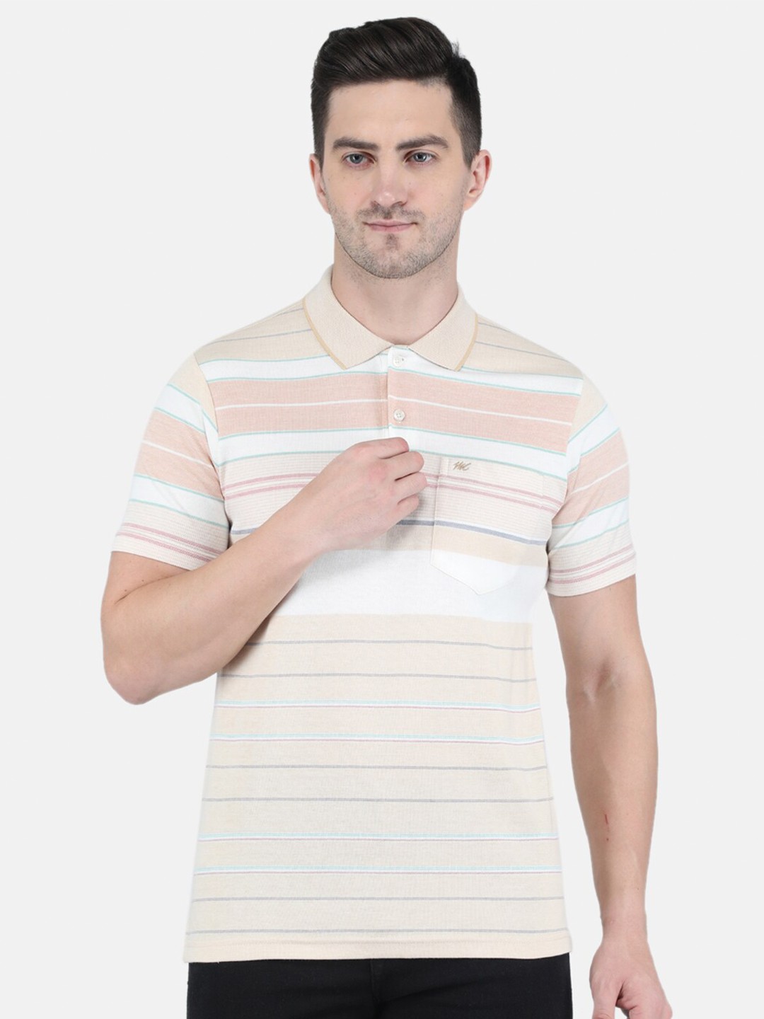 

Monte Carlo Men Off White & Peach Striped Polo Collar T-shirt
