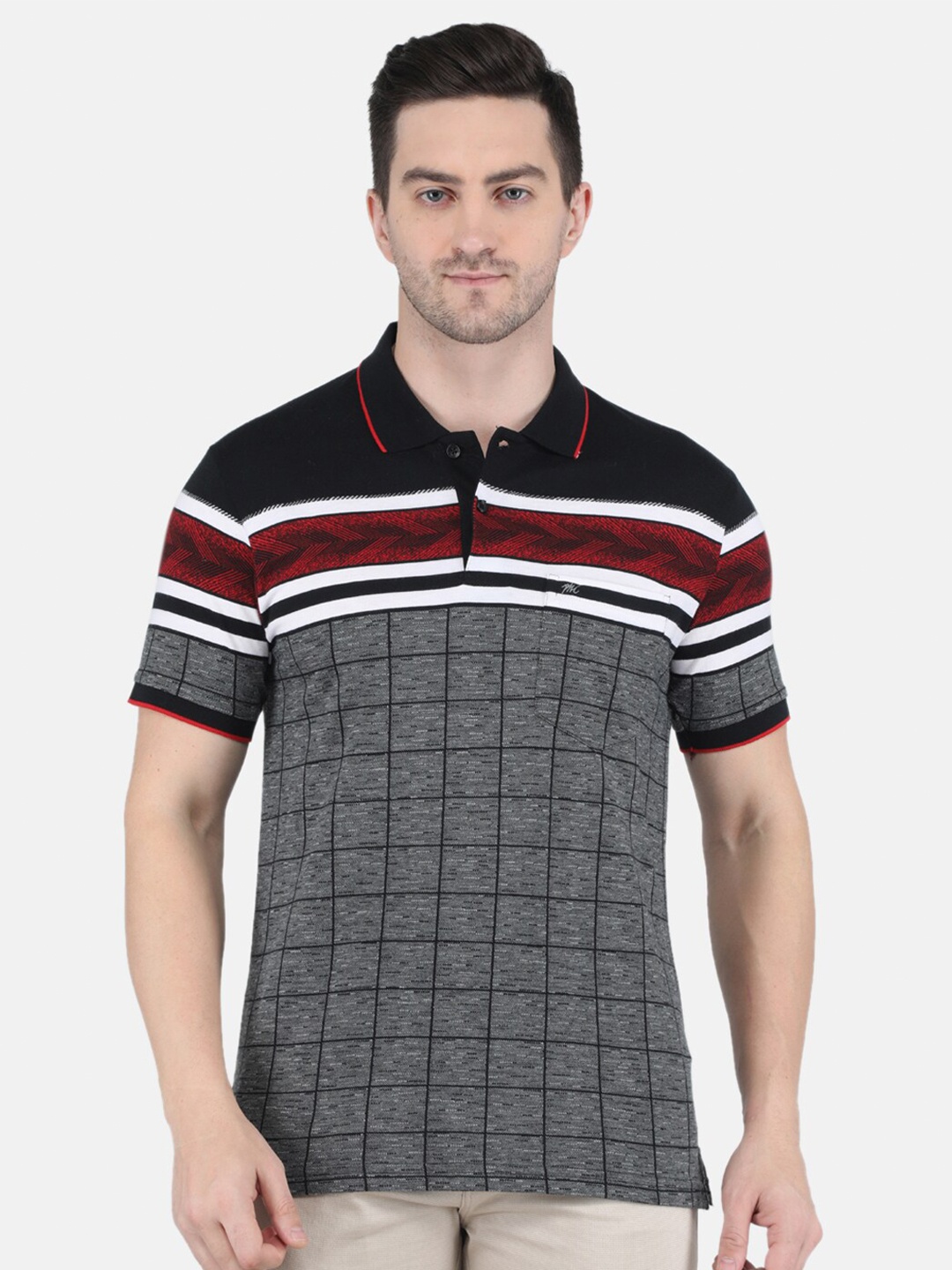 

Monte Carlo Men Grey & Maroon Striped Polo Collar T-shirt