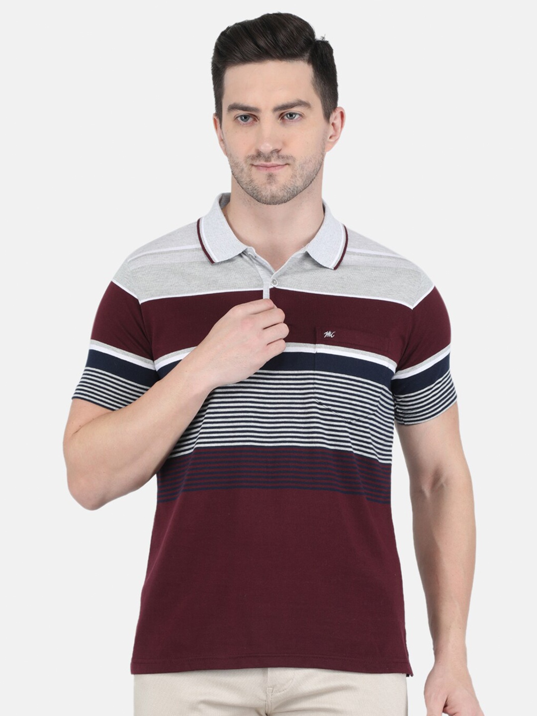 

Monte Carlo Men Maroon & Grey Striped Polo Collar T-shirt
