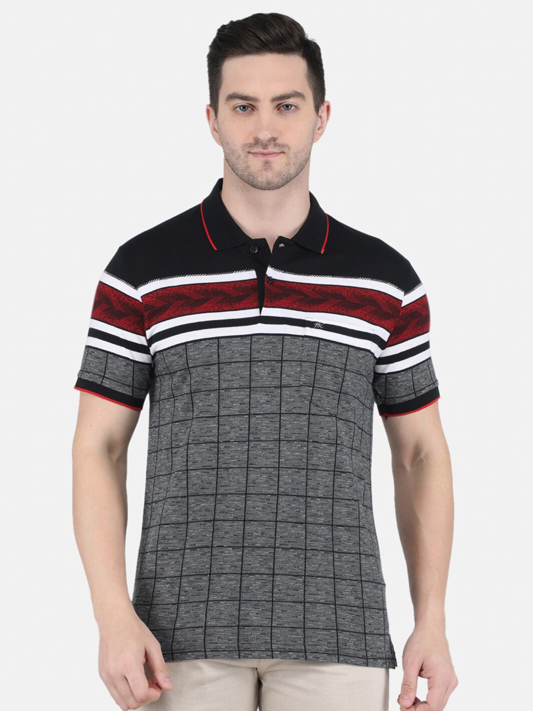 

Monte Carlo Men Grey Melange & Maroon Striped Polo Collar T-shirt