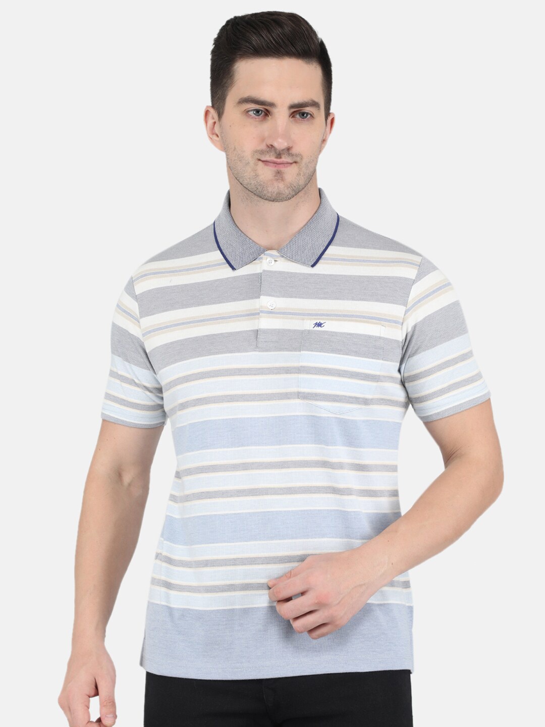 

Monte Carlo Men Blue & Grey Striped Polo Collar T-shirt