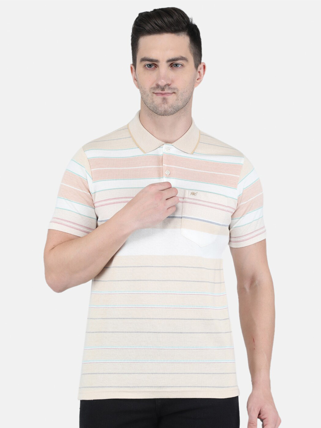 

Monte Carlo Men Off White Striped Polo Collar Cotton T-shirt