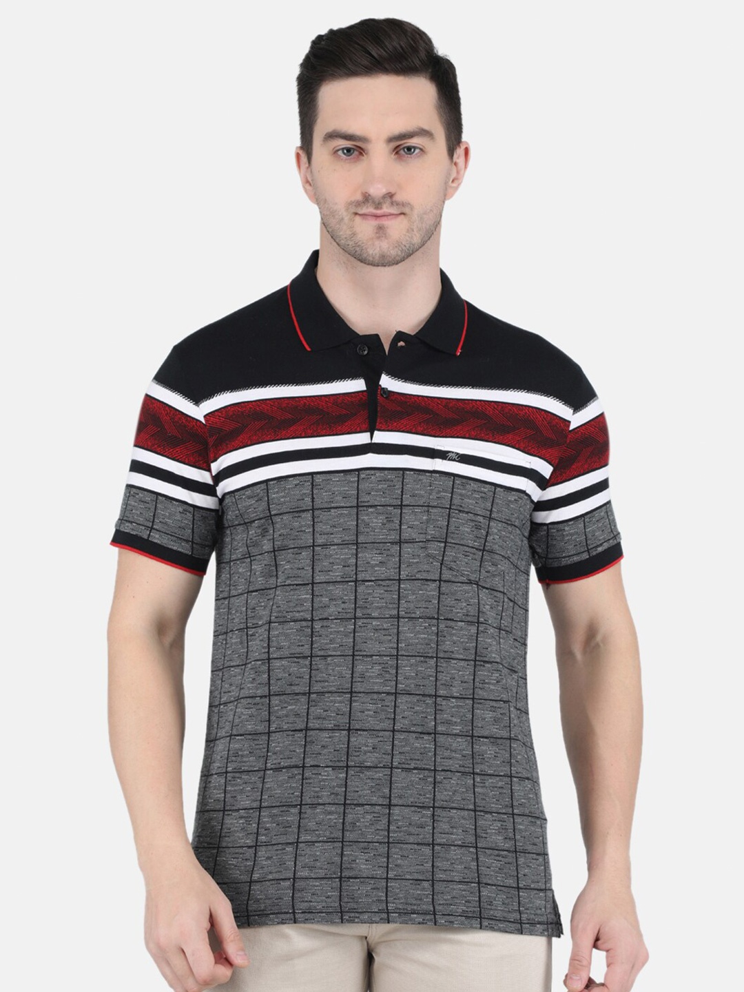 

Monte Carlo Men Khaki Striped Polo Collar Cotton T-shirt