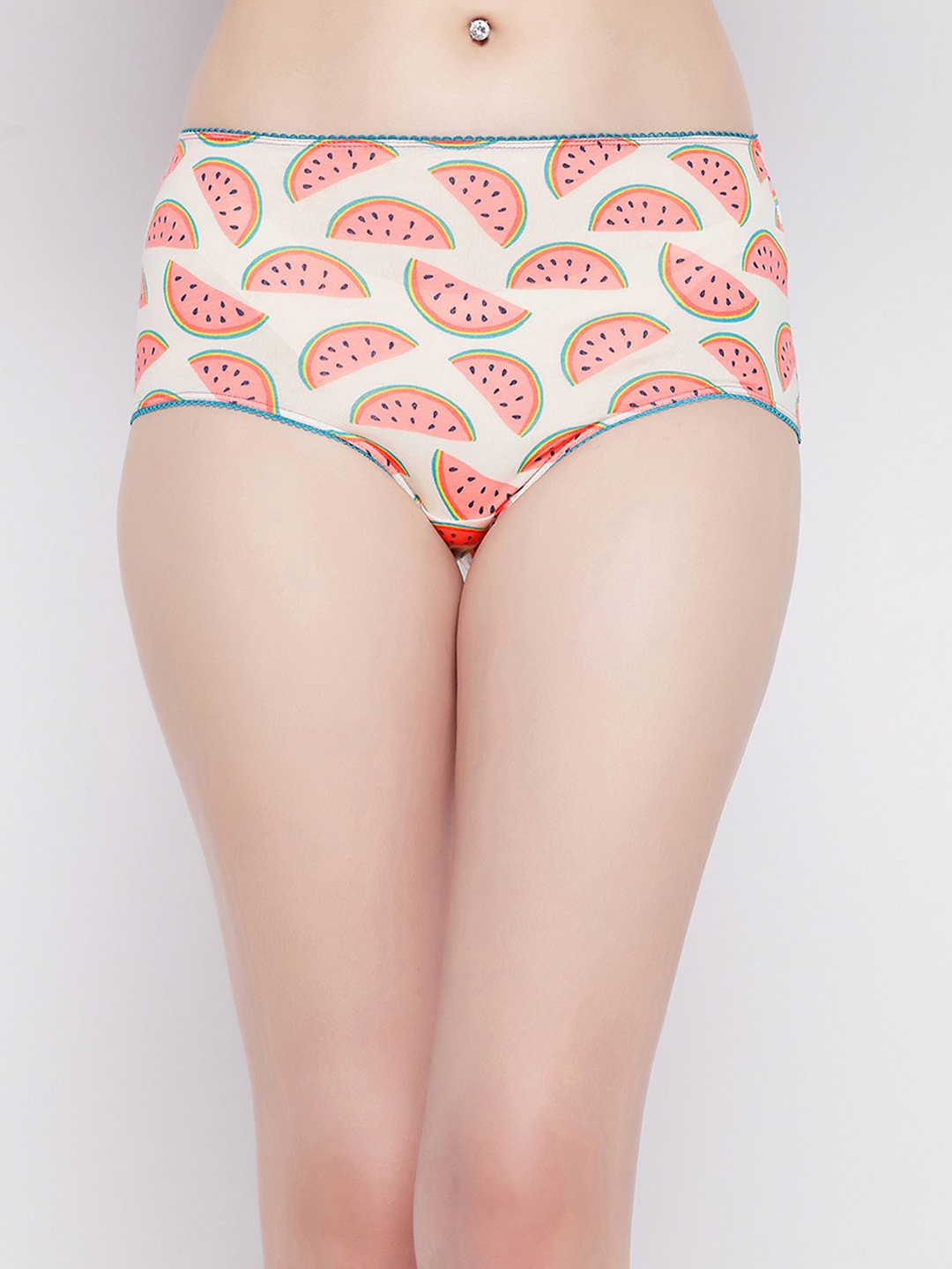 

Clovia Women Off White & Pink Printed Cotton High Waist Hipster Briefs