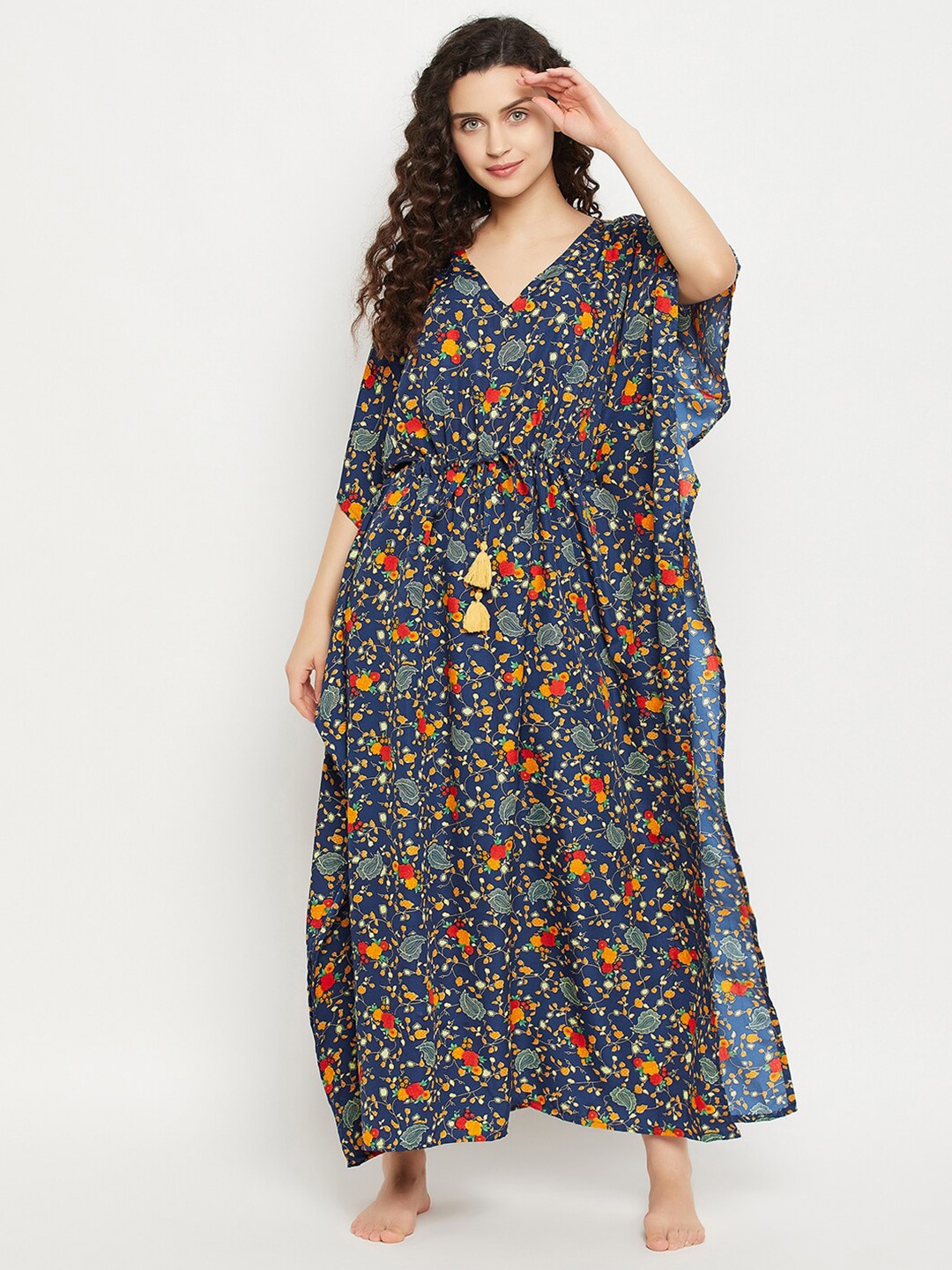 

Clovia Pretty Florals Long Crepe Kaftan, Blue