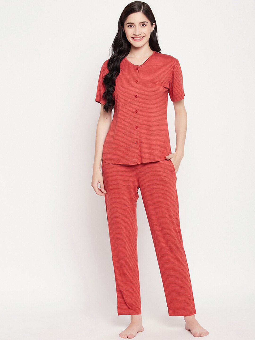 

Clovia Striped Cotton Button Down Top & Pyjama Night suit, Red