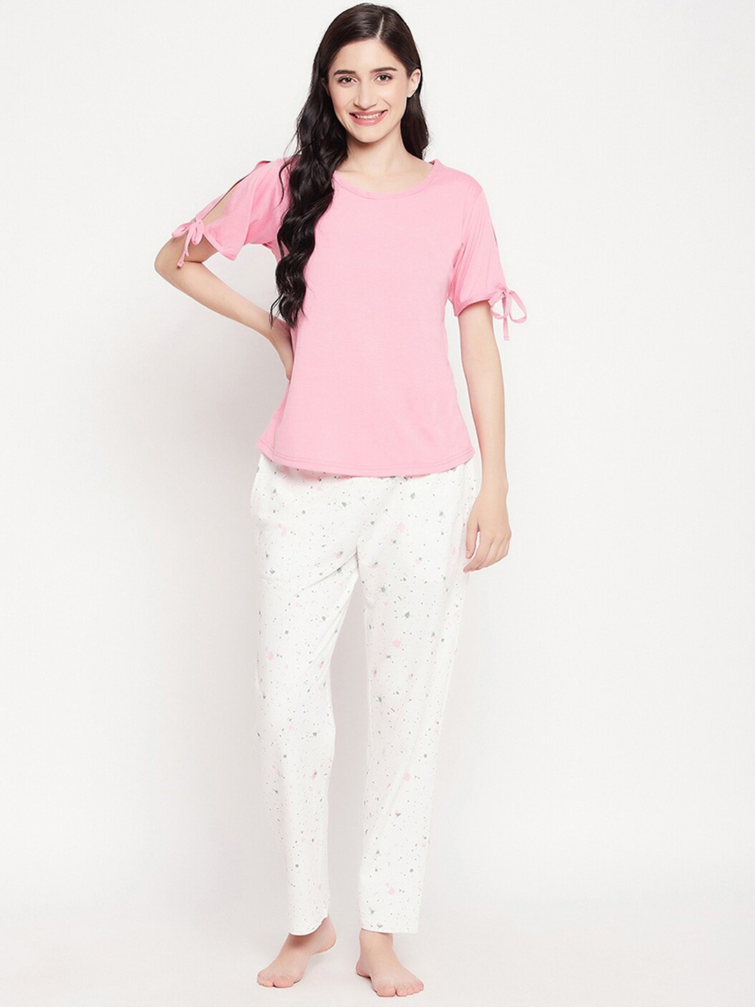 

Clovia Women Pure Cotton Chic Basic Top & Graphic Print Pyjama Set, Pink
