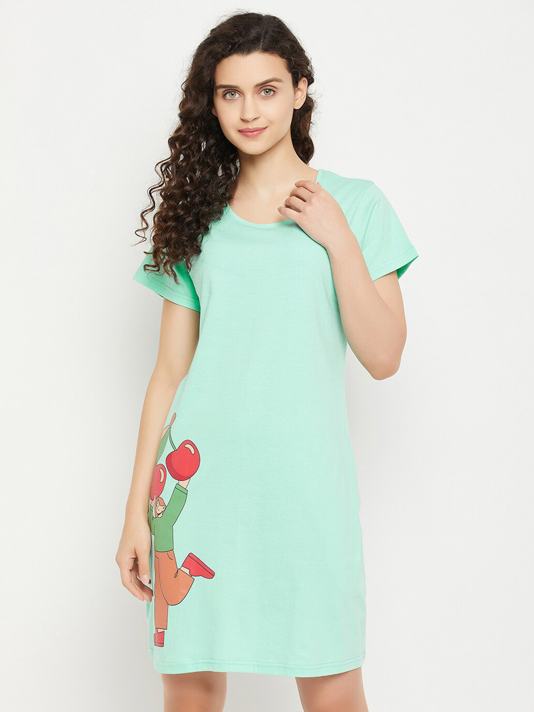 

Clovia Women Cherry Print Pure Cotton Short Nightdress, Green