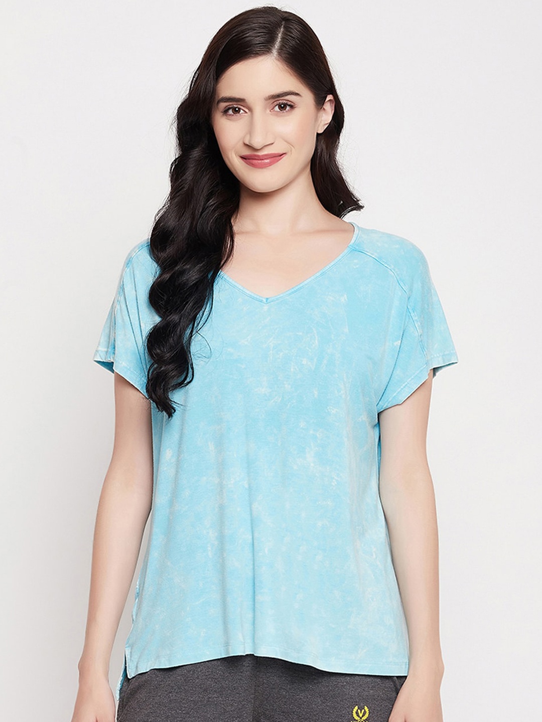 

Clovia Women Blue Stone Washed Printed Cotton Lounge Tshirts