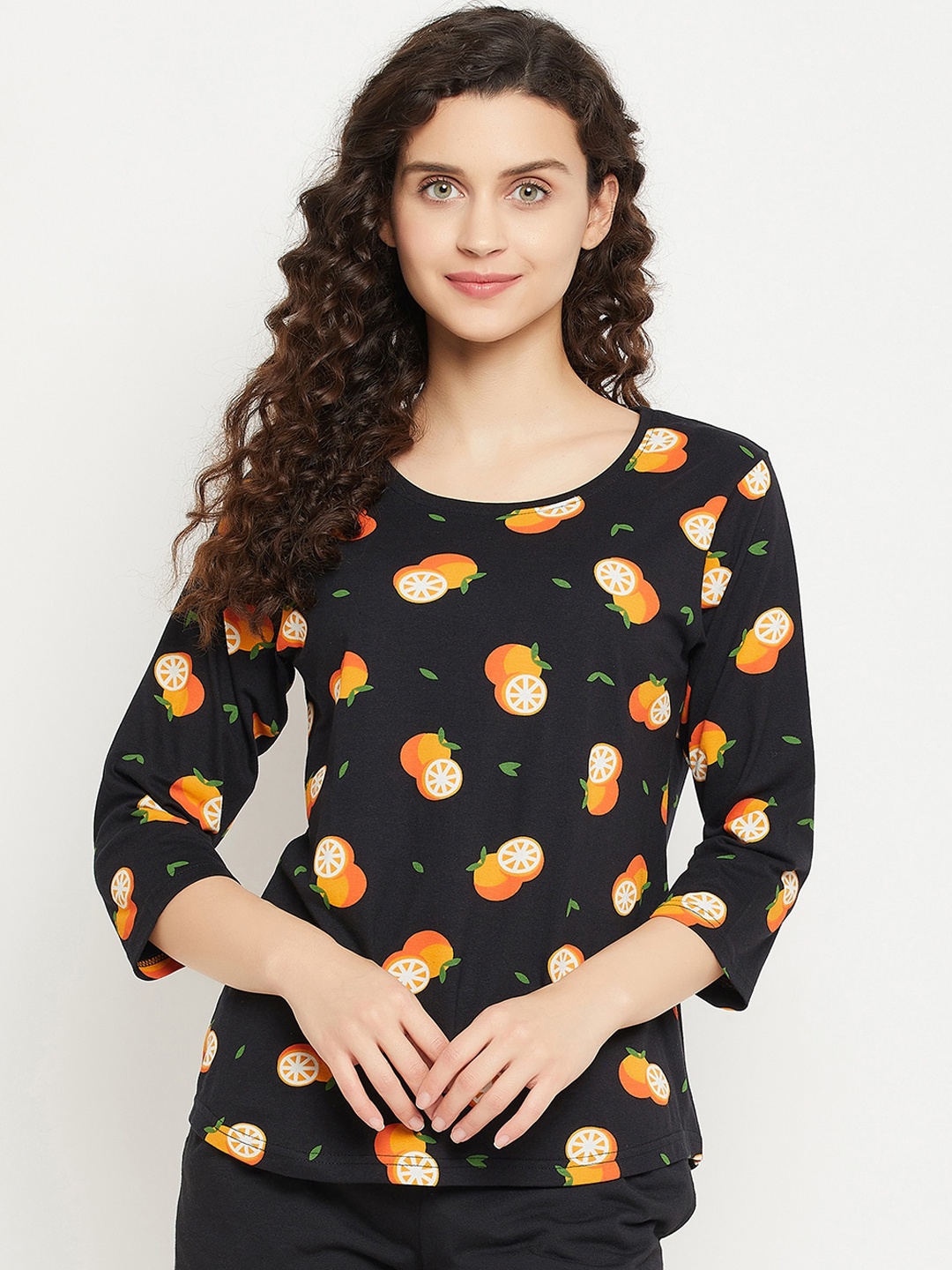 

Clovia Women Pure Cotton Orange Print Top, Black