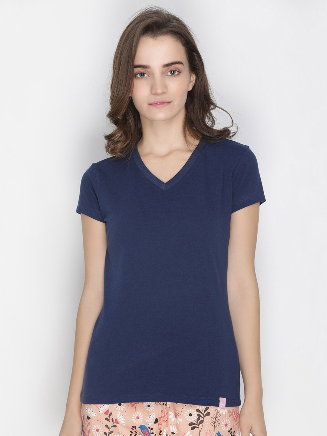 

LYRA Women Navy Blue Solid V-Neck Cotton T-shirt