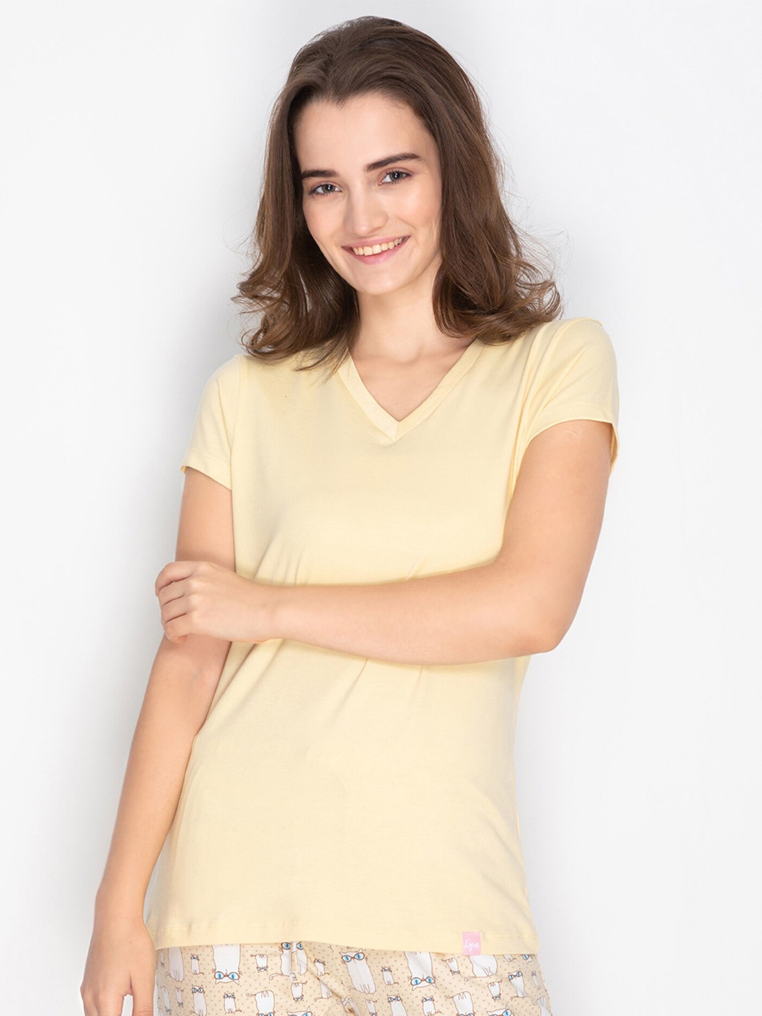 

LYRA Women Yellow V-Neck Raw Edge T-shirt, Cream