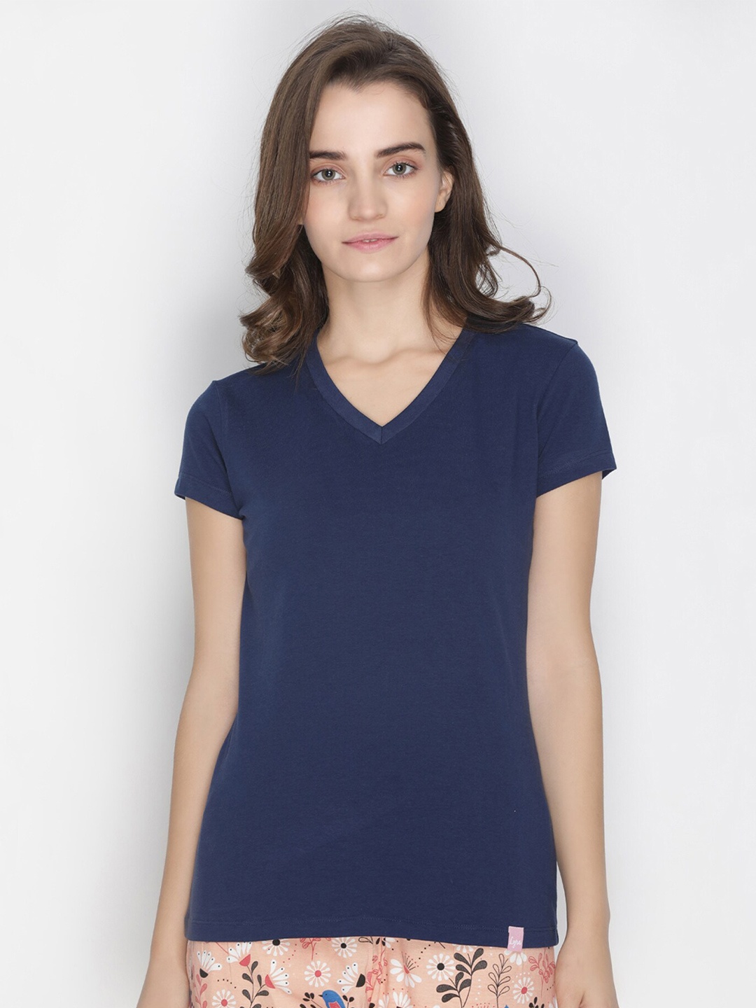 

LYRA Women Navy Blue V-Neck Cotton T-shirt