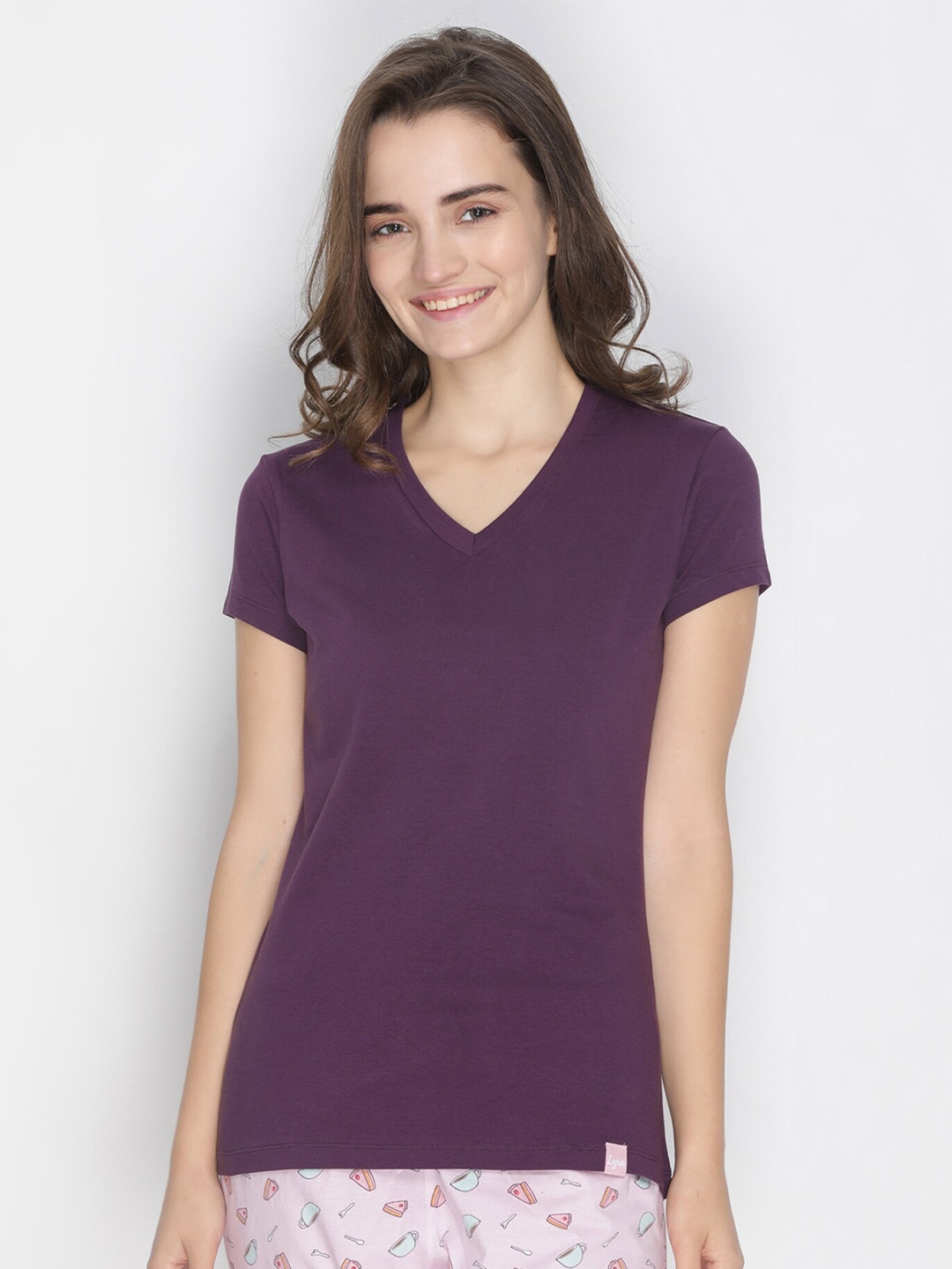

LYRA Women Purple V-Neck Cotton T-shirt