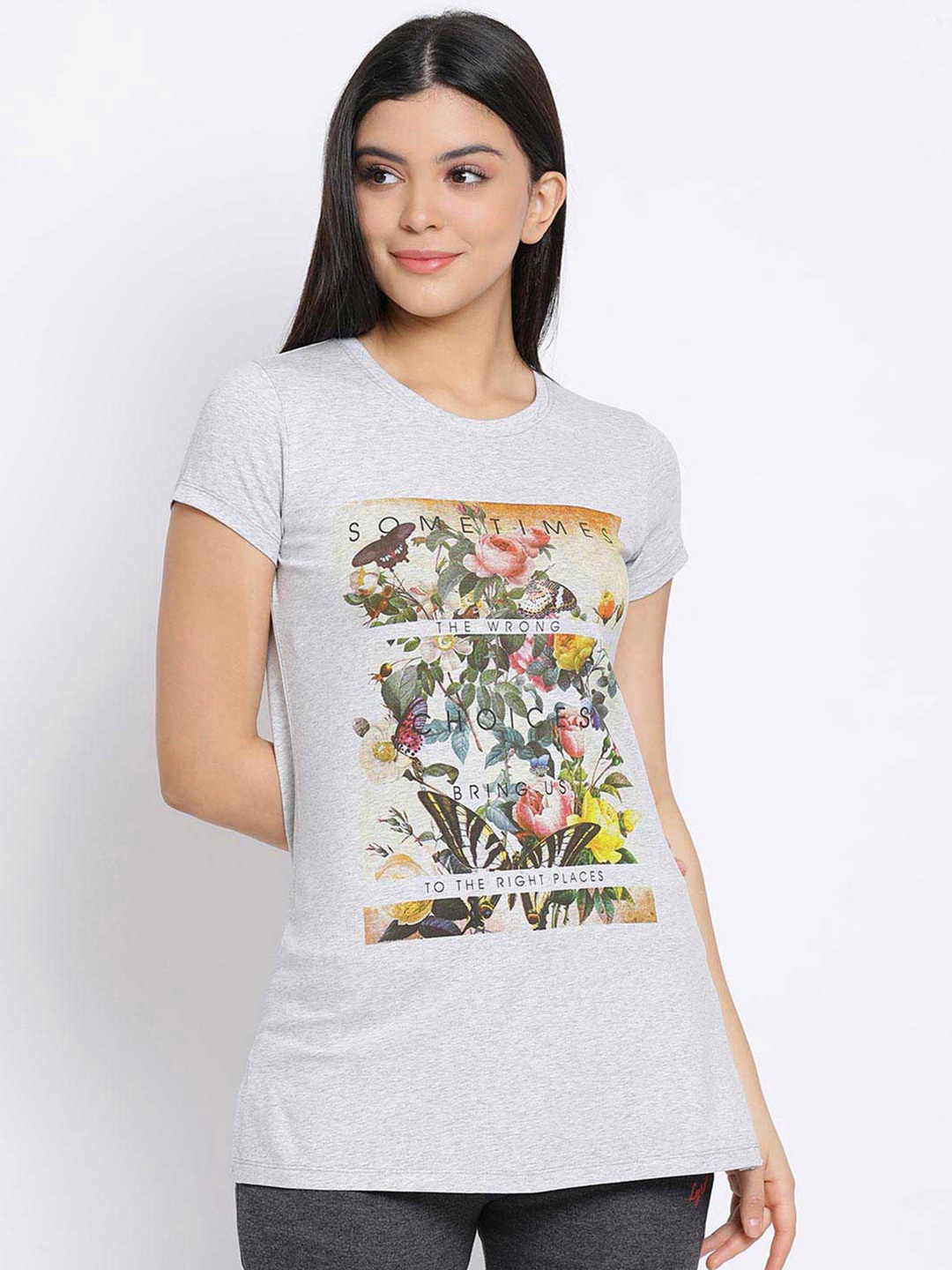 

LYRA Women Grey Melange Floral Printed Cotton T-shirt