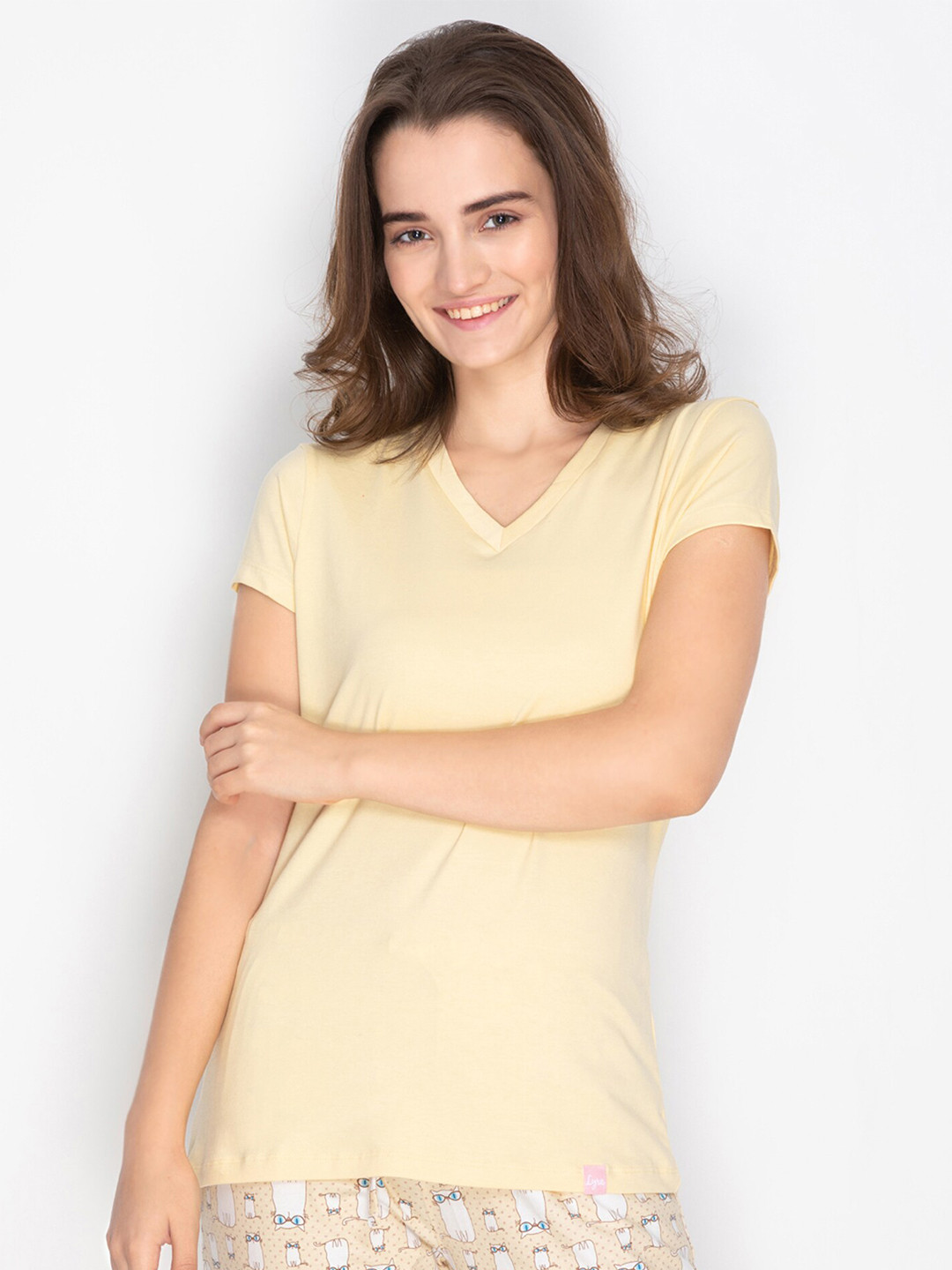 

LYRA Women Yellow V-Neck Cotton T-shirt