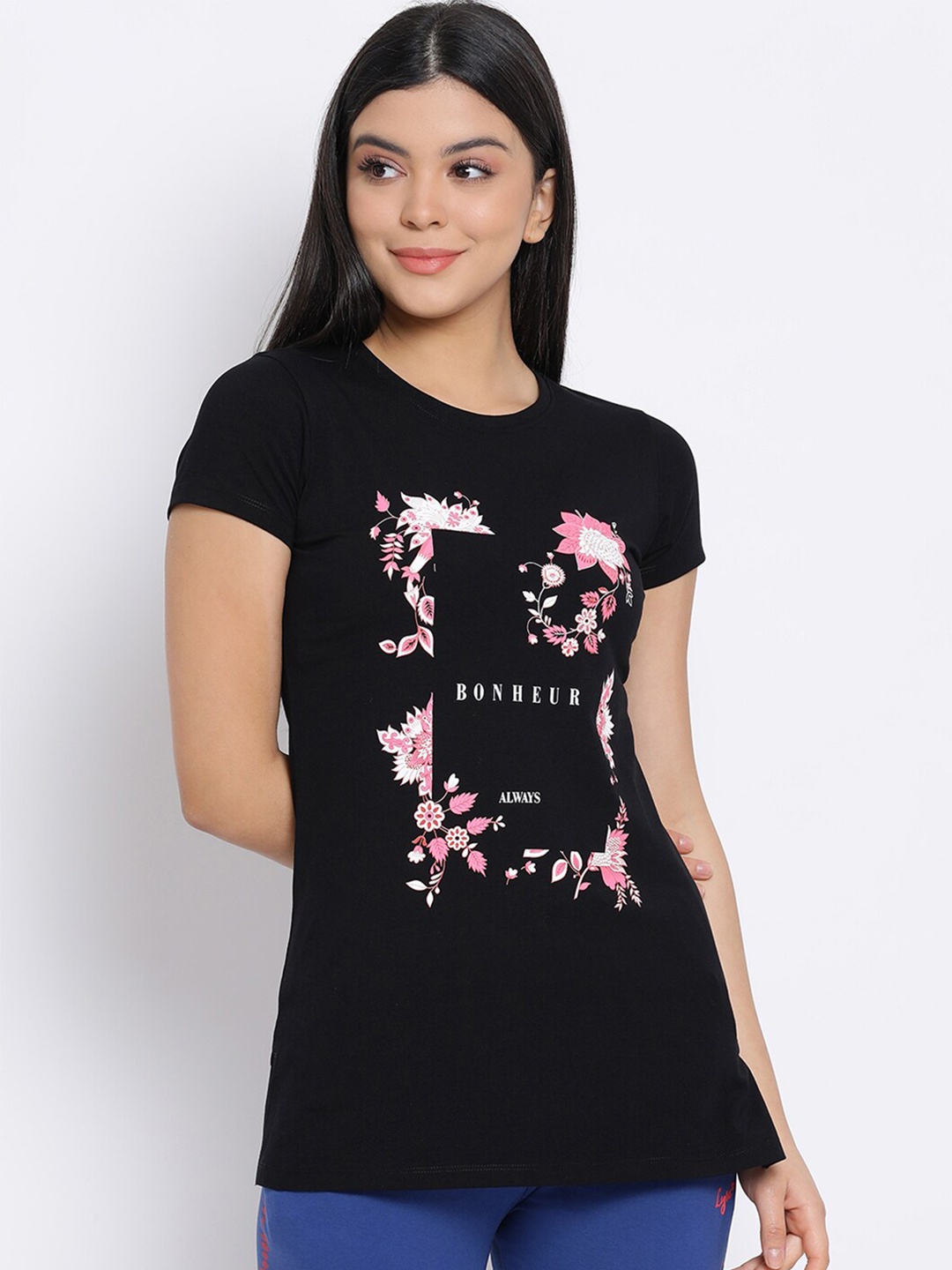 

LYRA Women Black Floral Printed T-shirt