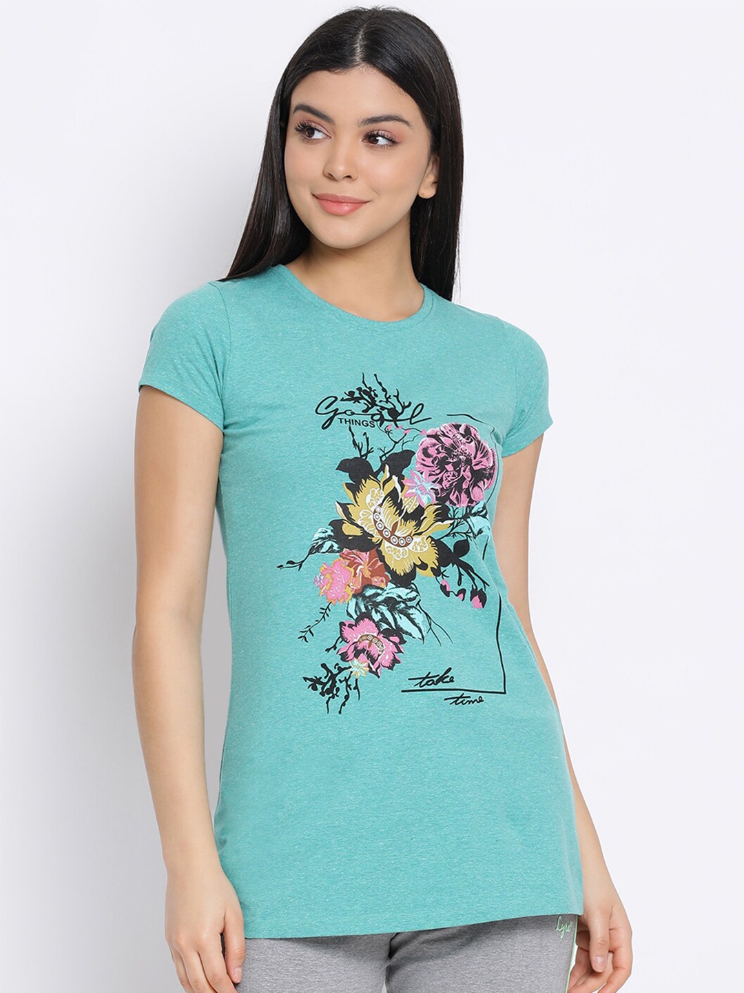 

LYRA Women Blue Floral Printed Cotton T-shirt