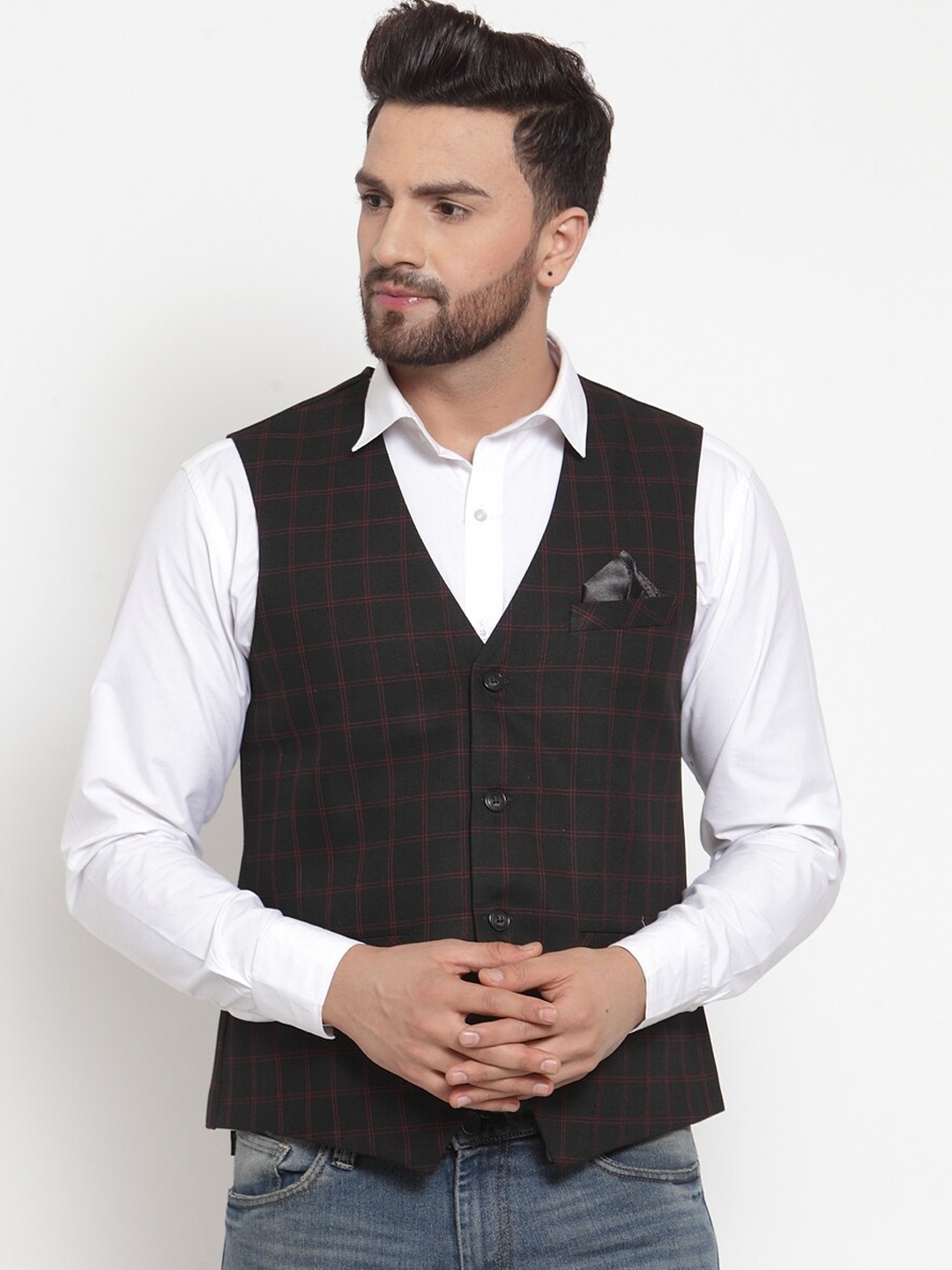

NEUDIS Men Black Checked Woven Waistcoat