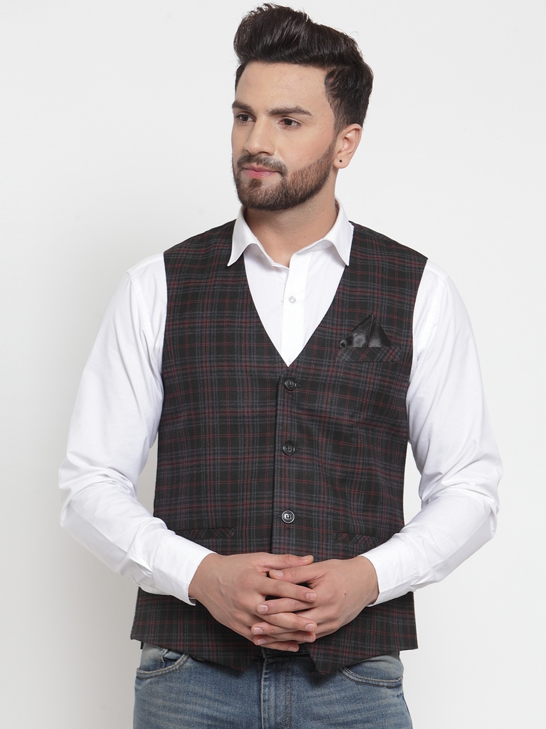 

NEUDIS Men Black & Brown Checked Woven Waistcoat