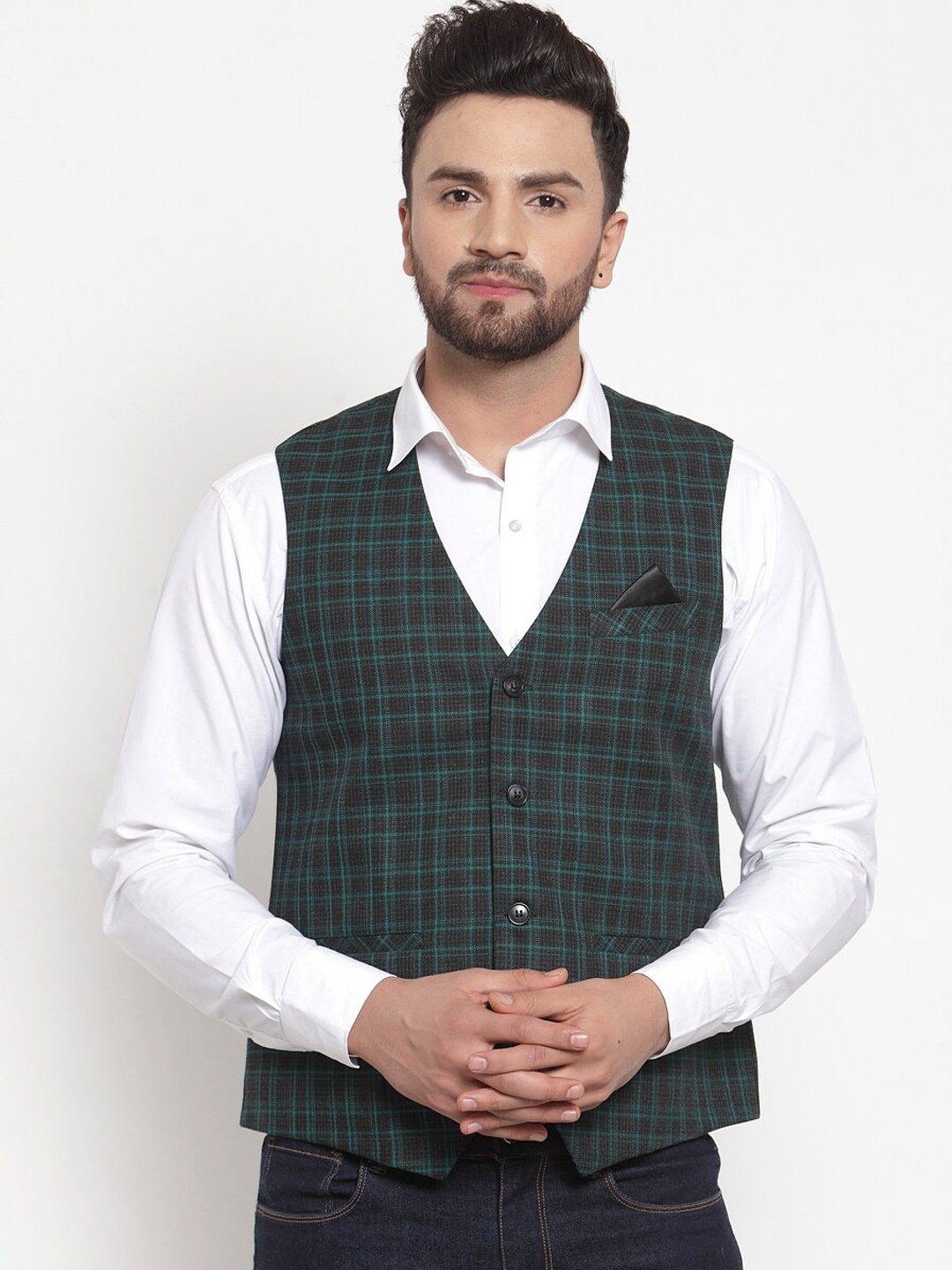 

NEUDIS Men Green Checked Woven Waistcoat