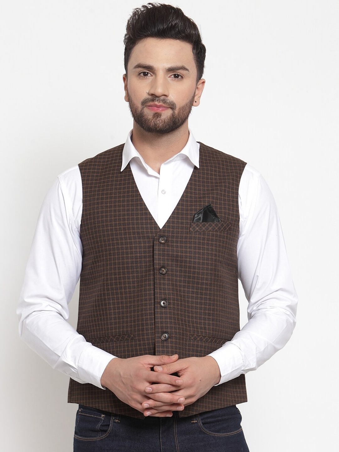 

NEUDIS Men Black & Brown Checked Wool Waistcoat