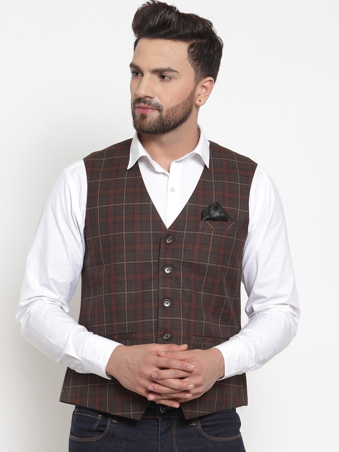 

NEUDIS Men Brown & Red Checked Woven Waistcoat