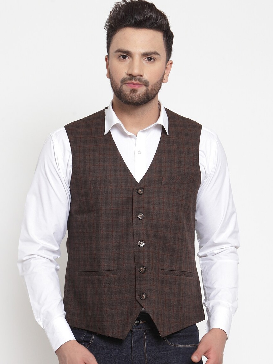 

NEUDIS Men Brown Checked Waistcoat