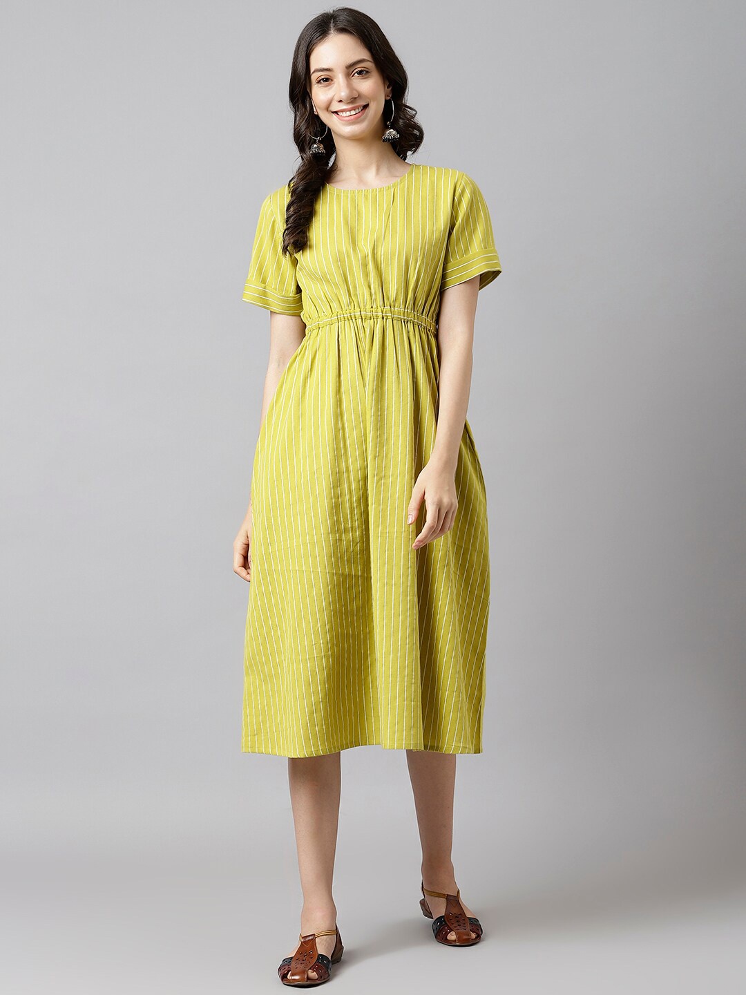

DECKEDUP Women Green Striped Midi Dress